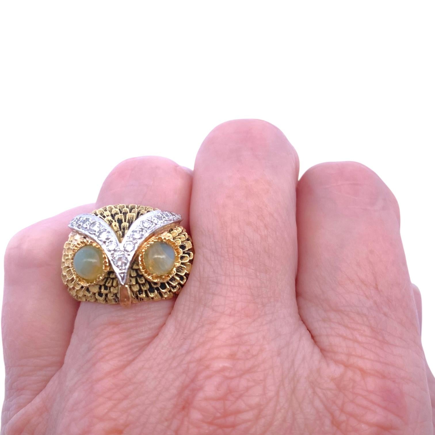 Vintage 18K Gold Diamond Owl Ring with Chrysoberyl Eyes