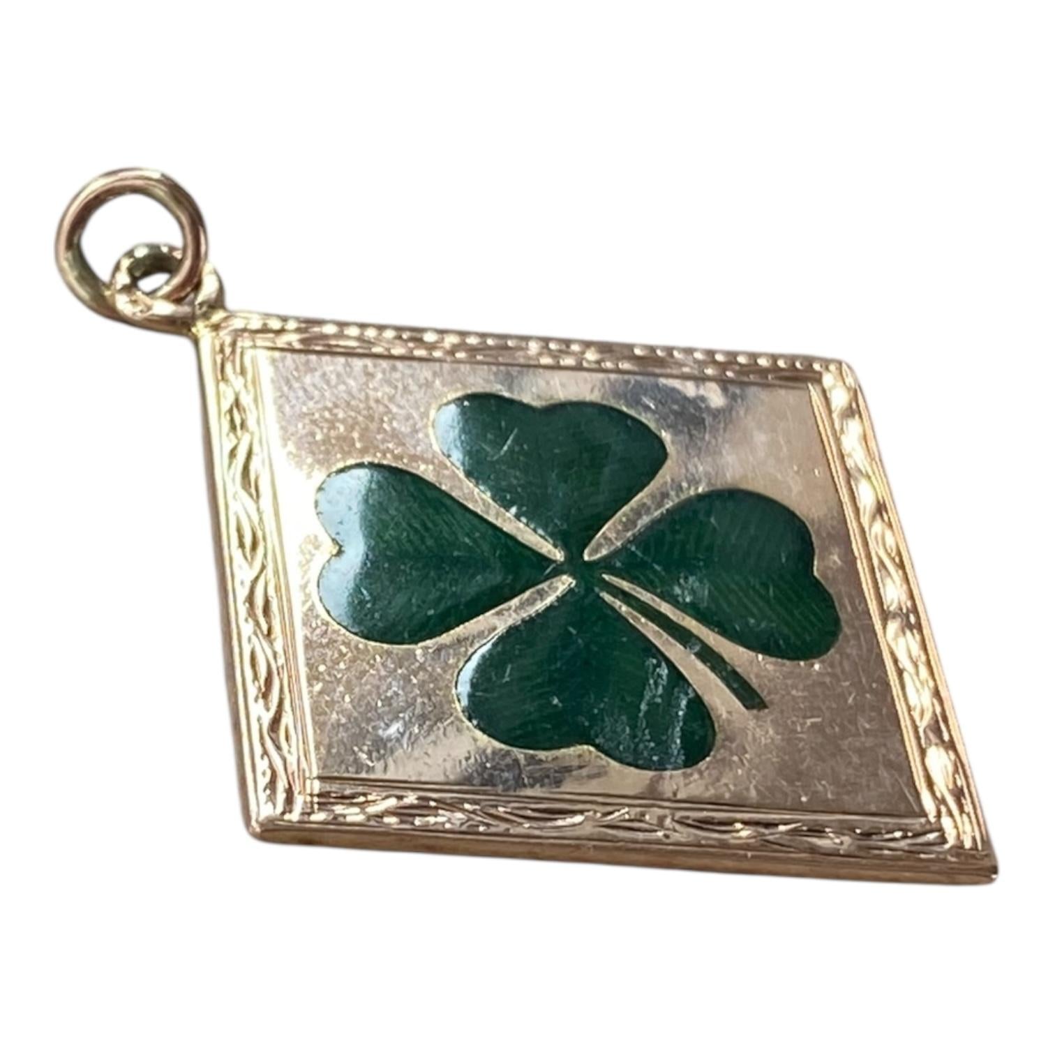 Antique 14K Rose Gold Enamel Four Leaf Clover Charm Pendant