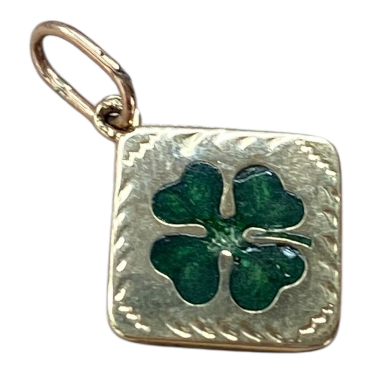 Antique 14K Yellow Gold Enamel Four Leaf Clover Charm Pendant