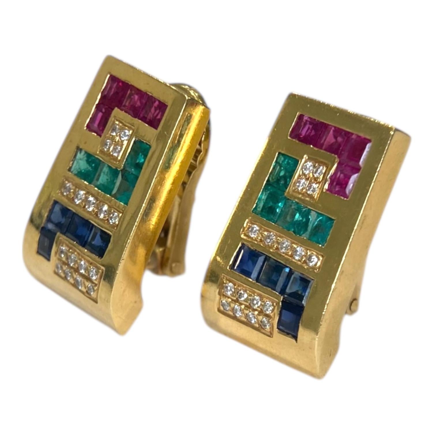 Vintage 18K Gold Emerald Ruby Sapphire Diamond Earrings