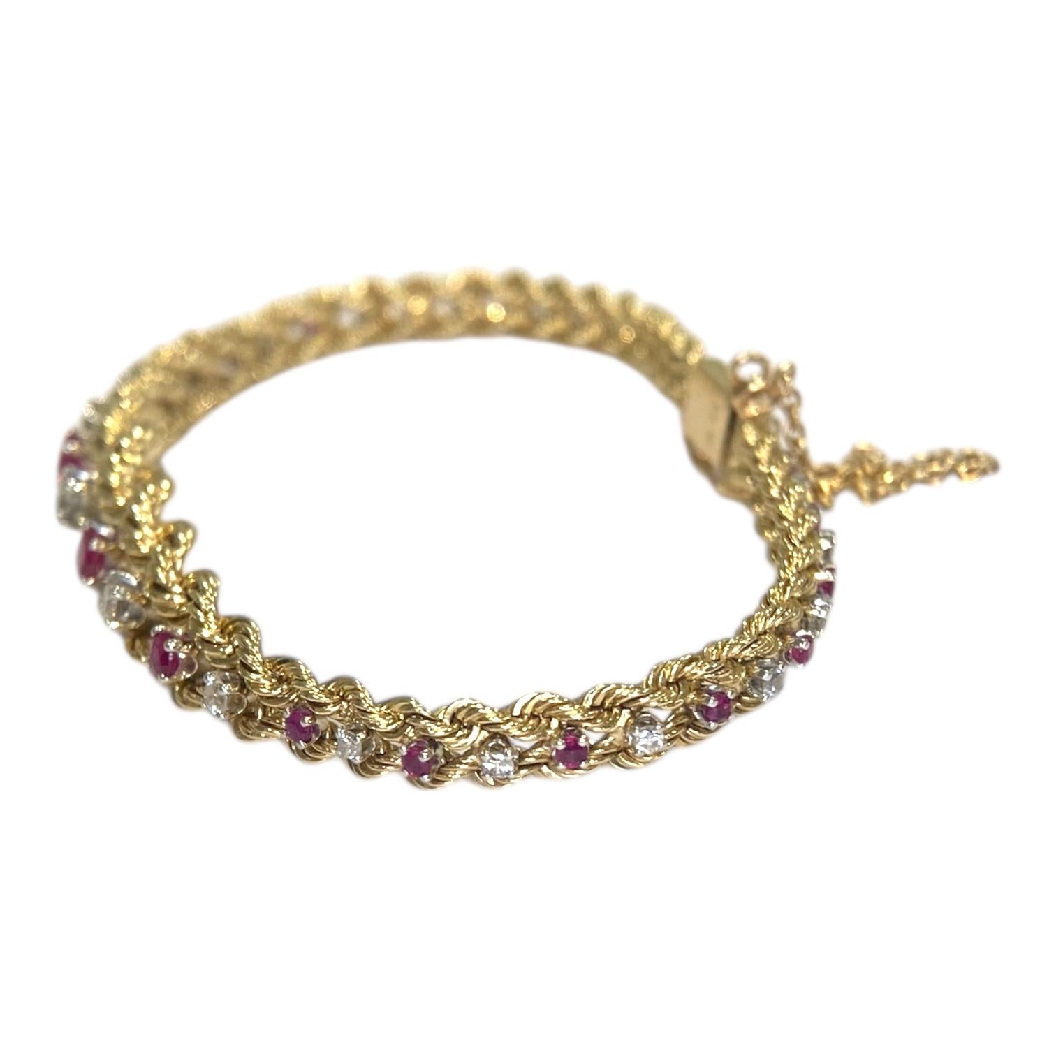 Vintage 14K Yellow Gold Ruby & Diamond Graduating Rope Bracelet