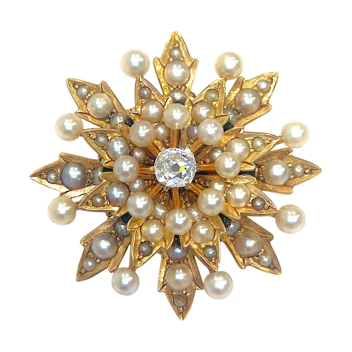 Antique 14K Gold Diamond and Pearl Starburst Brooch