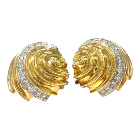 Vintage 14K Yellow Gold Diamond Sea Shell Earrings