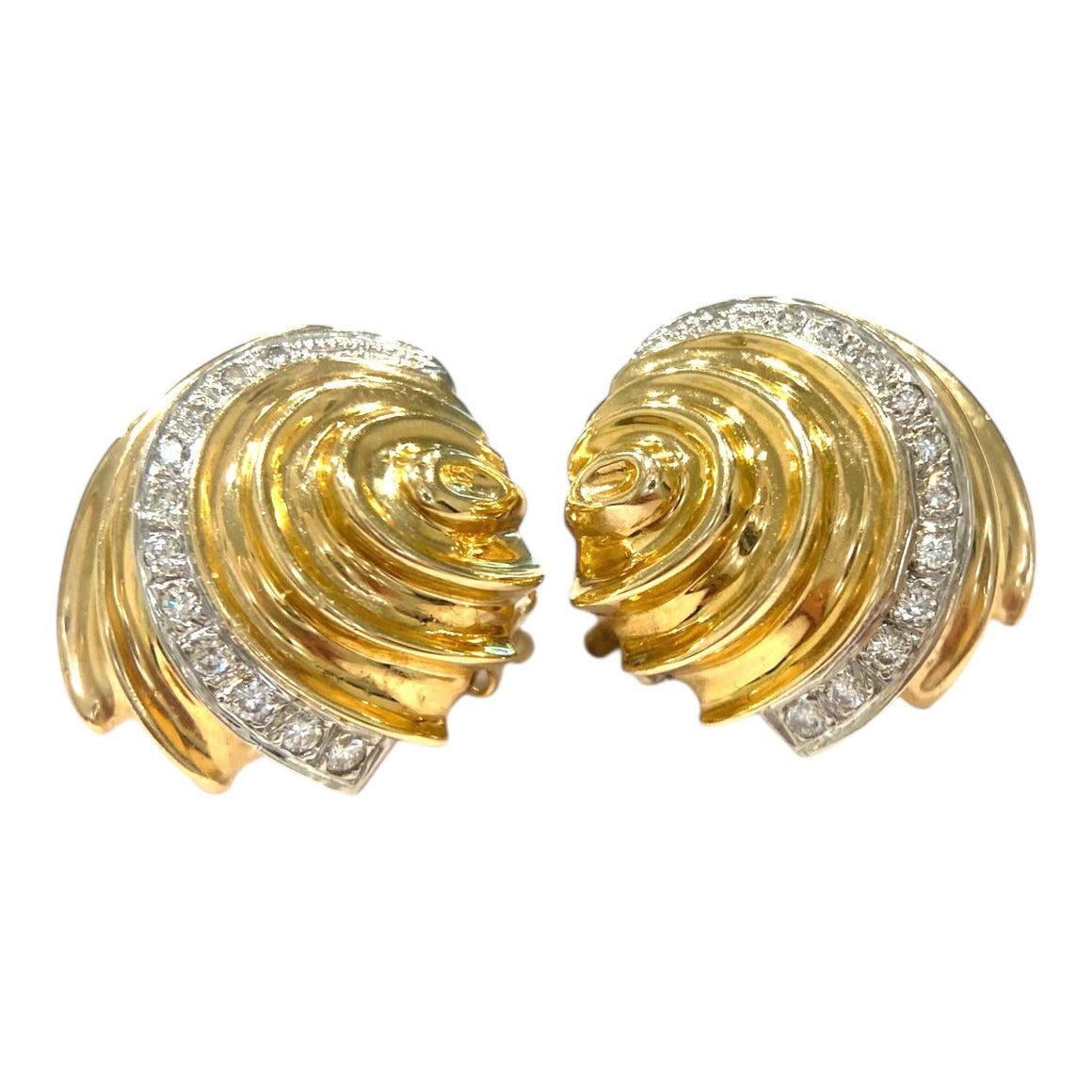 Vintage 14K Yellow Gold Diamond Sea Shell Earrings