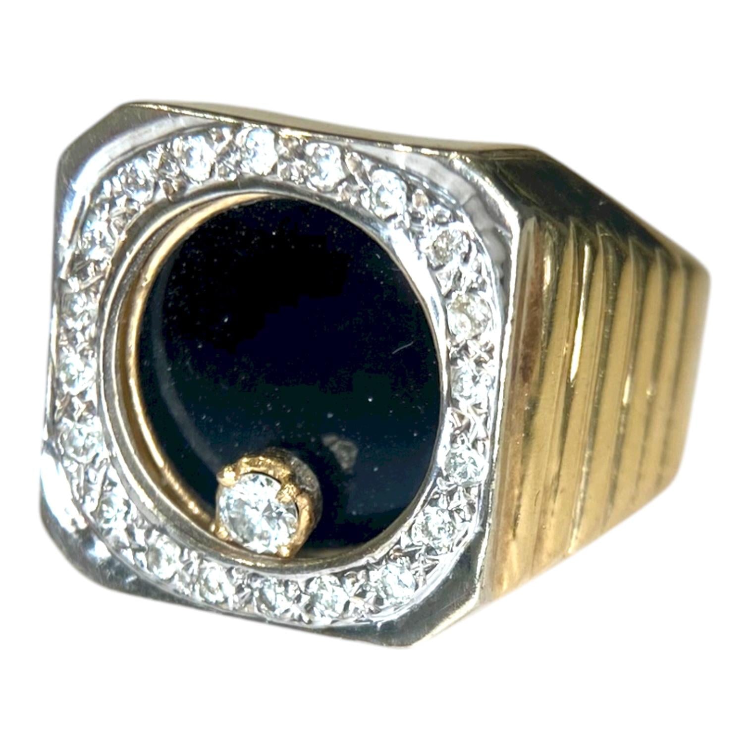 Vintage 14K Gold Onyx Floating Diamond Ring