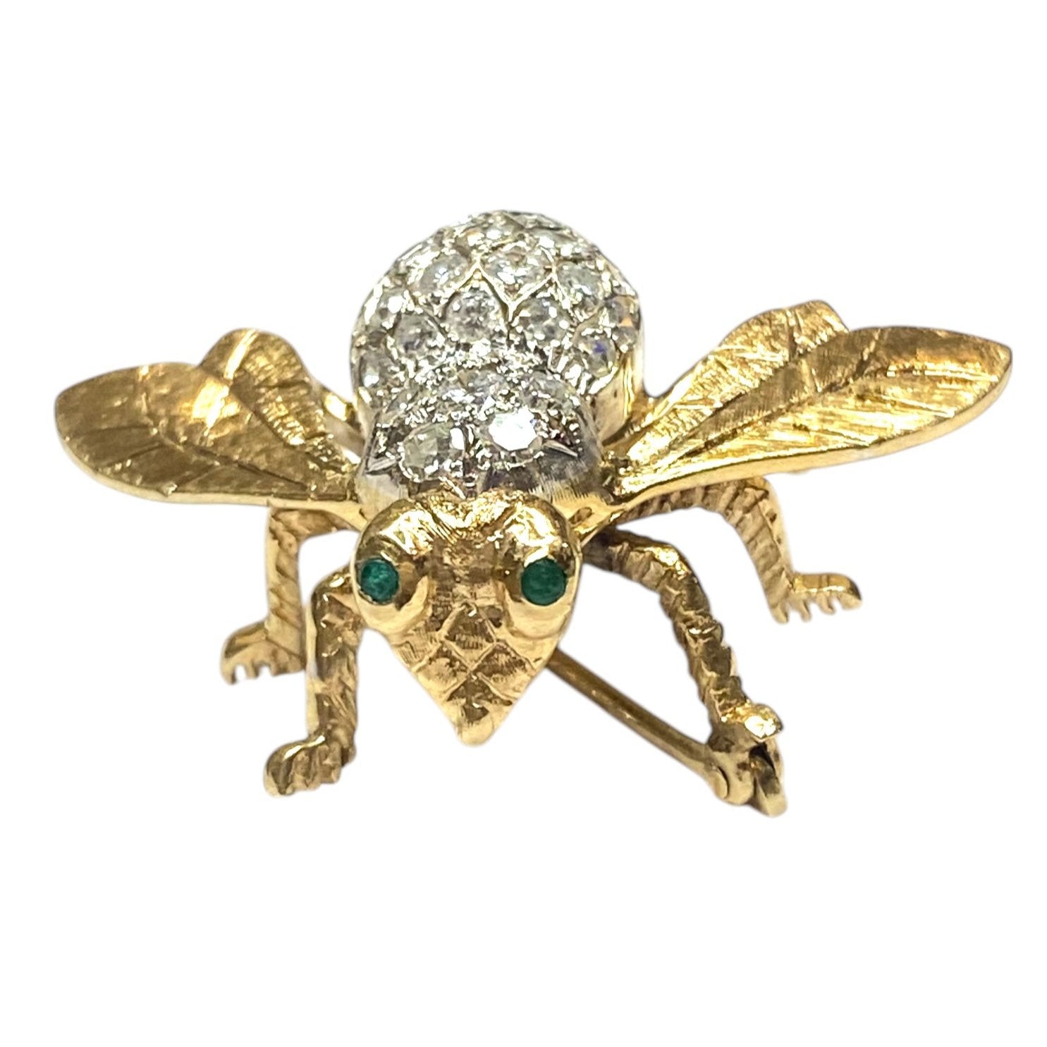 Vintage 14K Gold Diamond and Emerald Bee Pin
