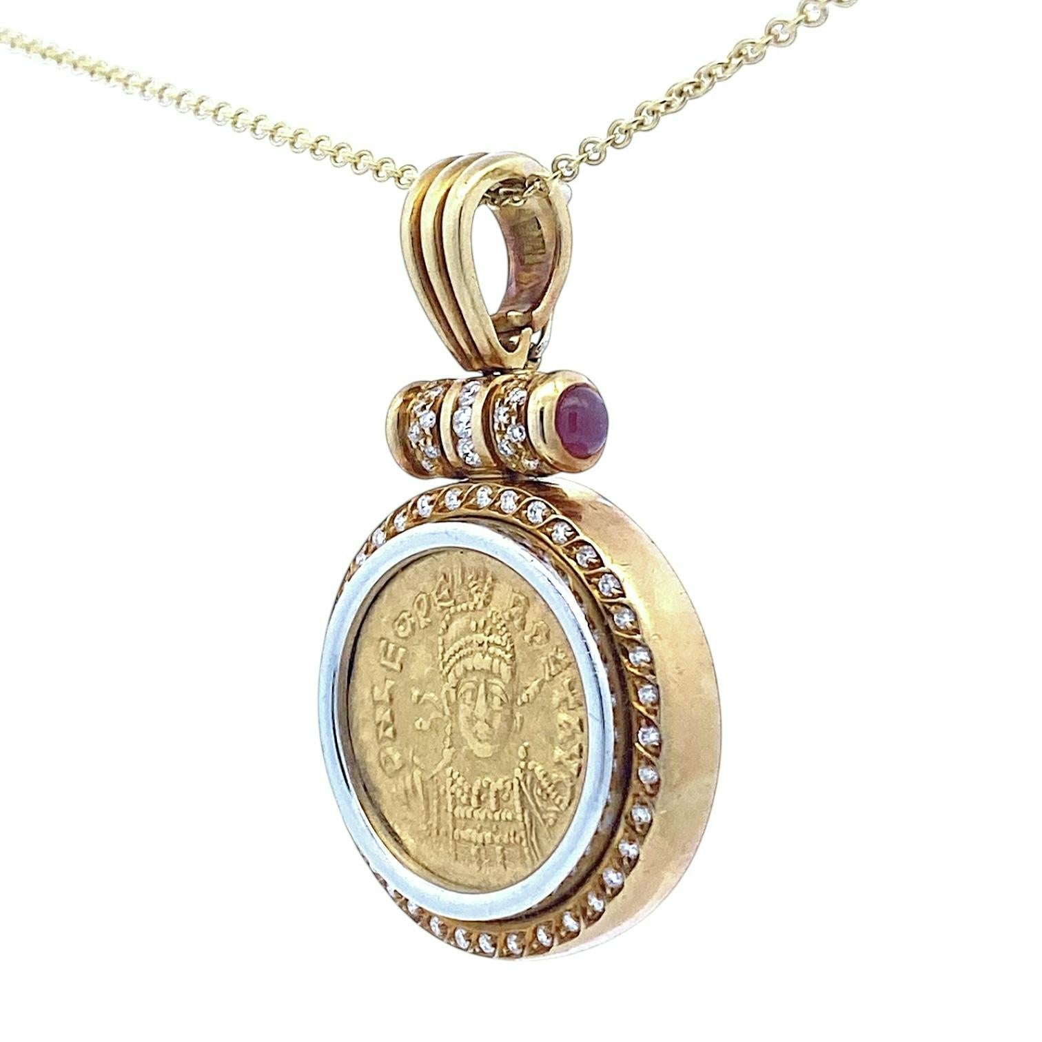 18K Diamond & Ruby Pendant Enhancer with Leo I Gold Solidus Coin