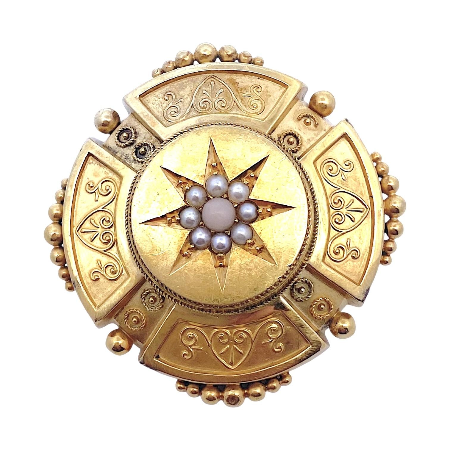 Etruscan Revival Antique 14K Pearl Brooch