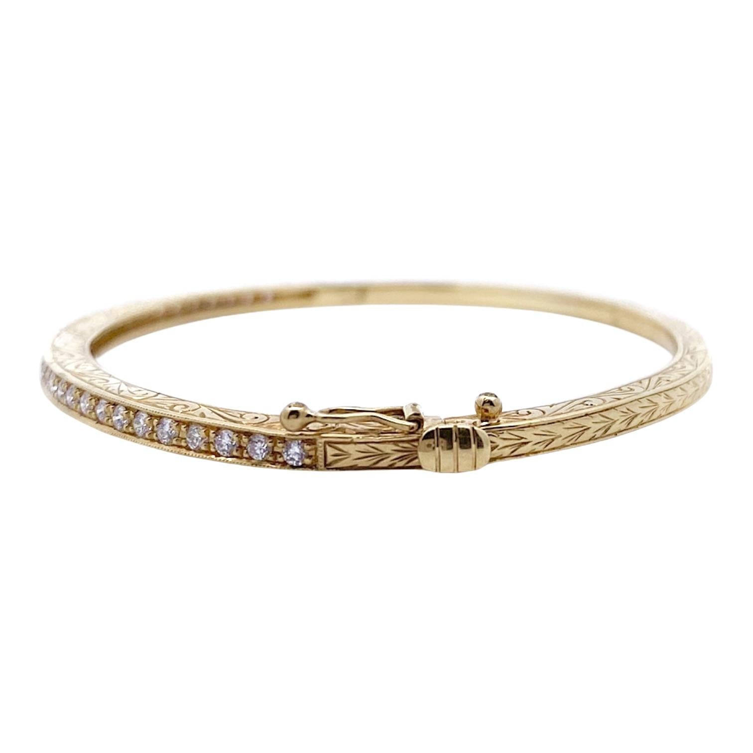 Penny Preville 18K Yellow Gold Engraved Diamond Bangle Bracelet