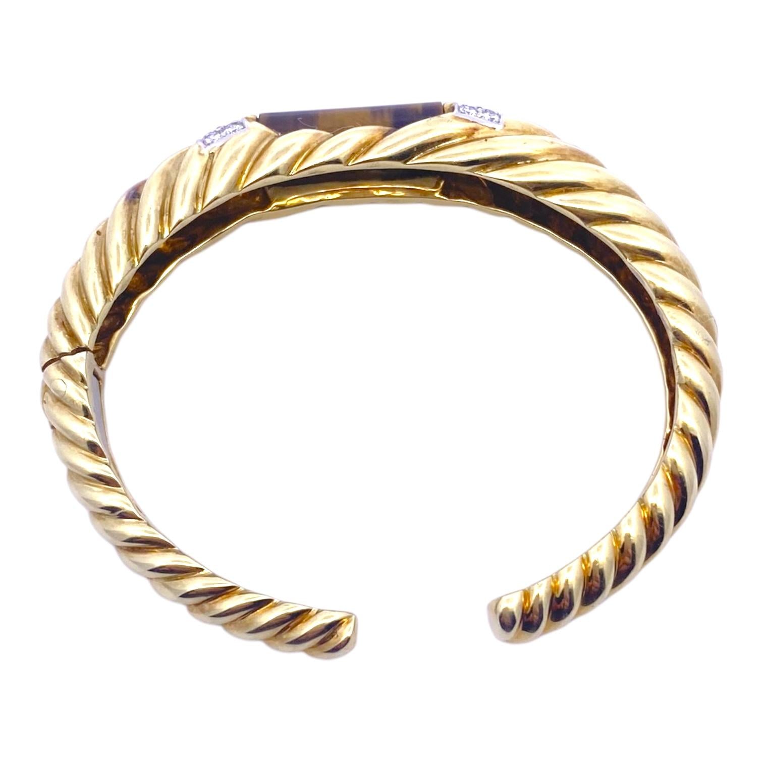 Vintage MJI 18K Tiger Eye Diamond Hinged Bangle Bracelet