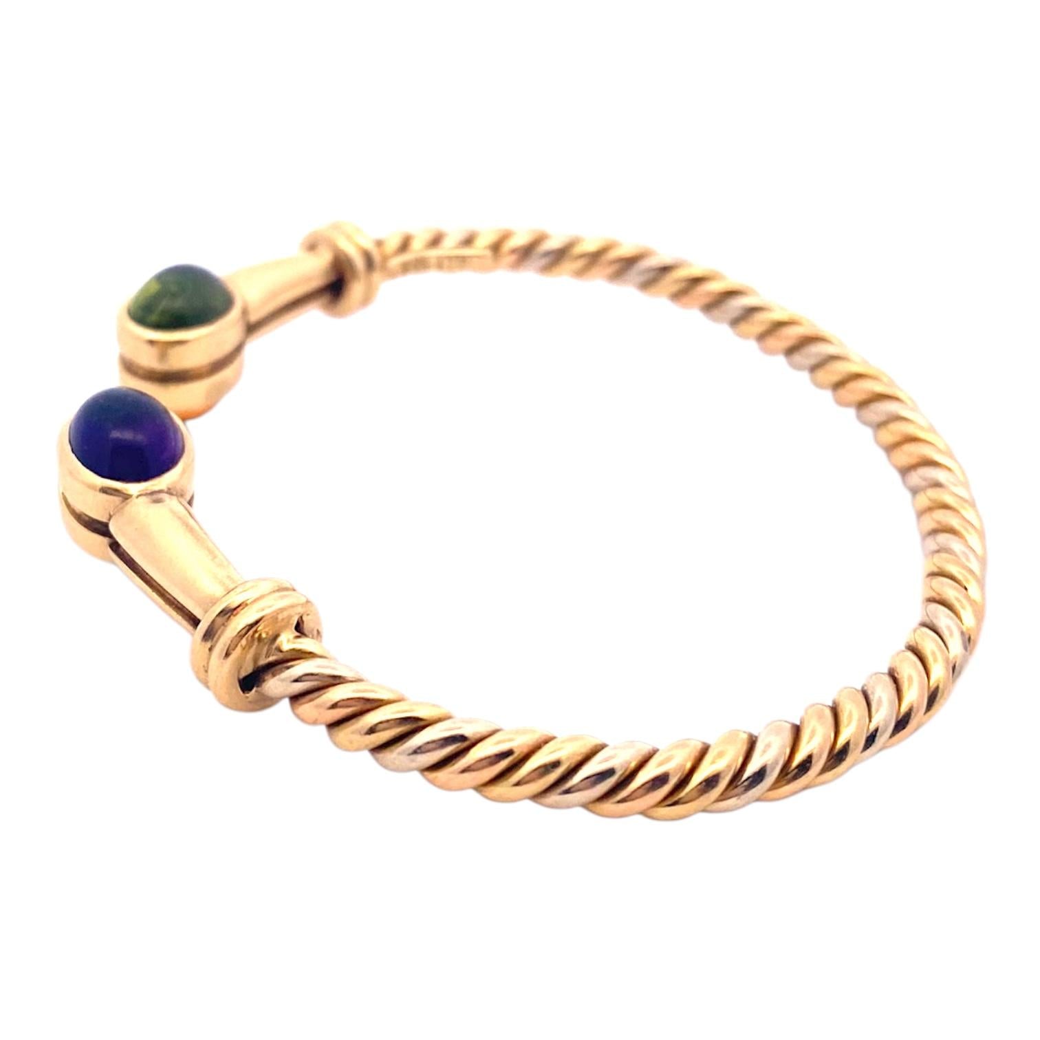 Vintage 18K Gold Multi Gemstone Twisted Bangle Bracelet