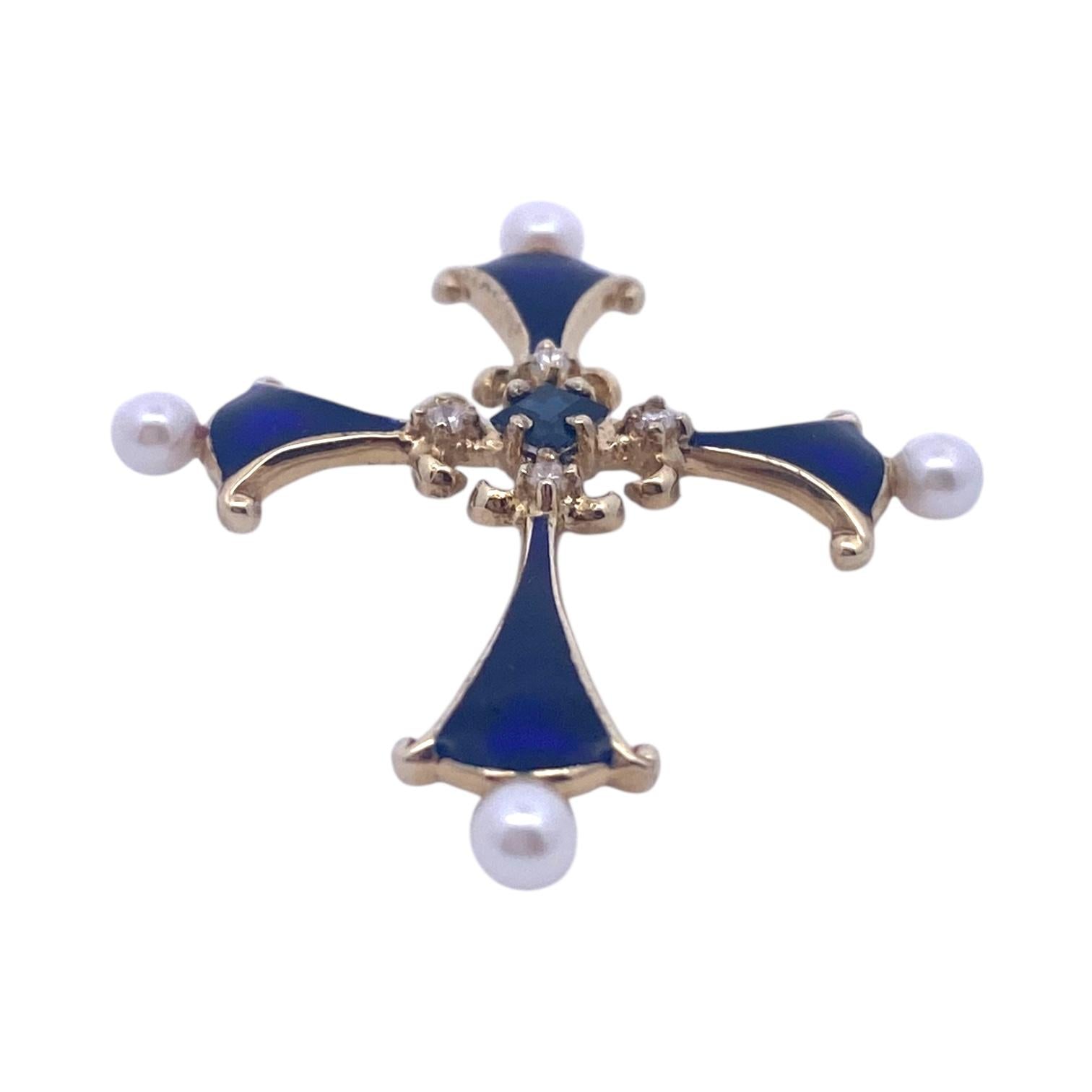 Vintage 14K Sapphire Diamond Pearl Enamel Cross Pendant