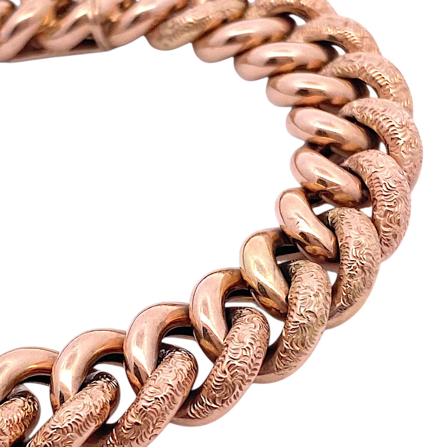 Antique 14K Rose Gold Curb-Link Heart Charm Bracelet