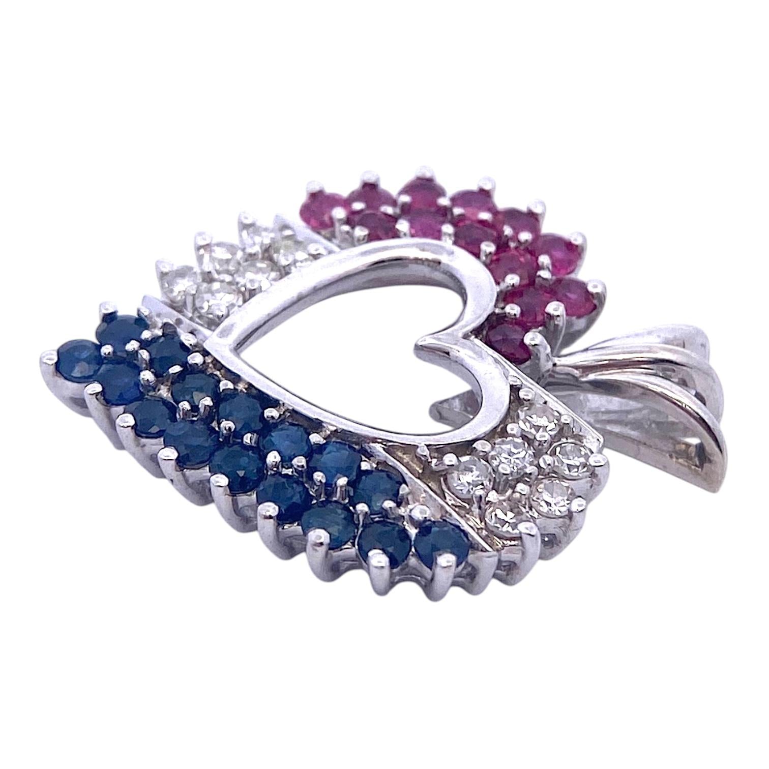 Vintage 14K White Gold Ruby Sapphire Diamond Heart Pendant