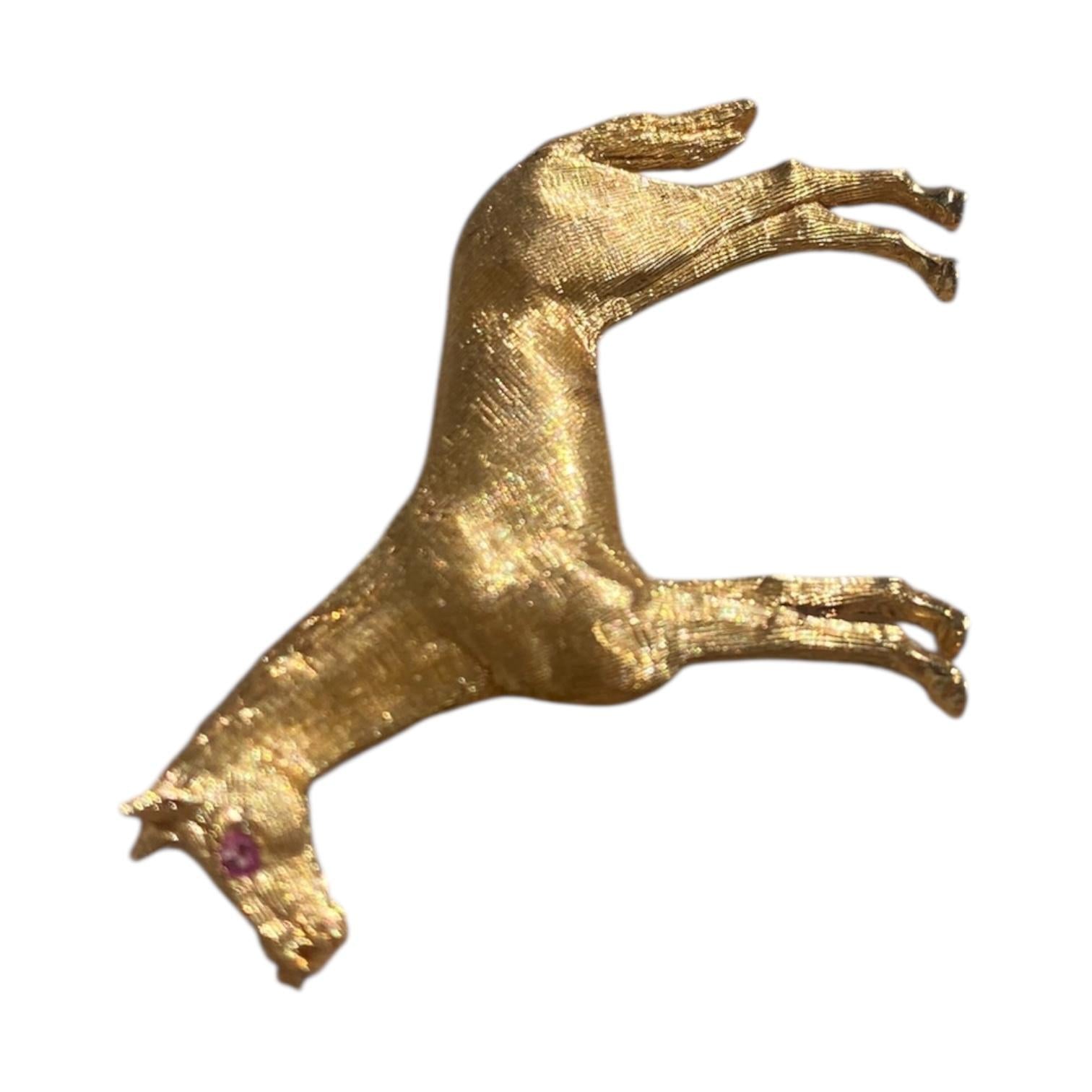 Vintage 14K Gold Horse Brooch with Ruby Eye