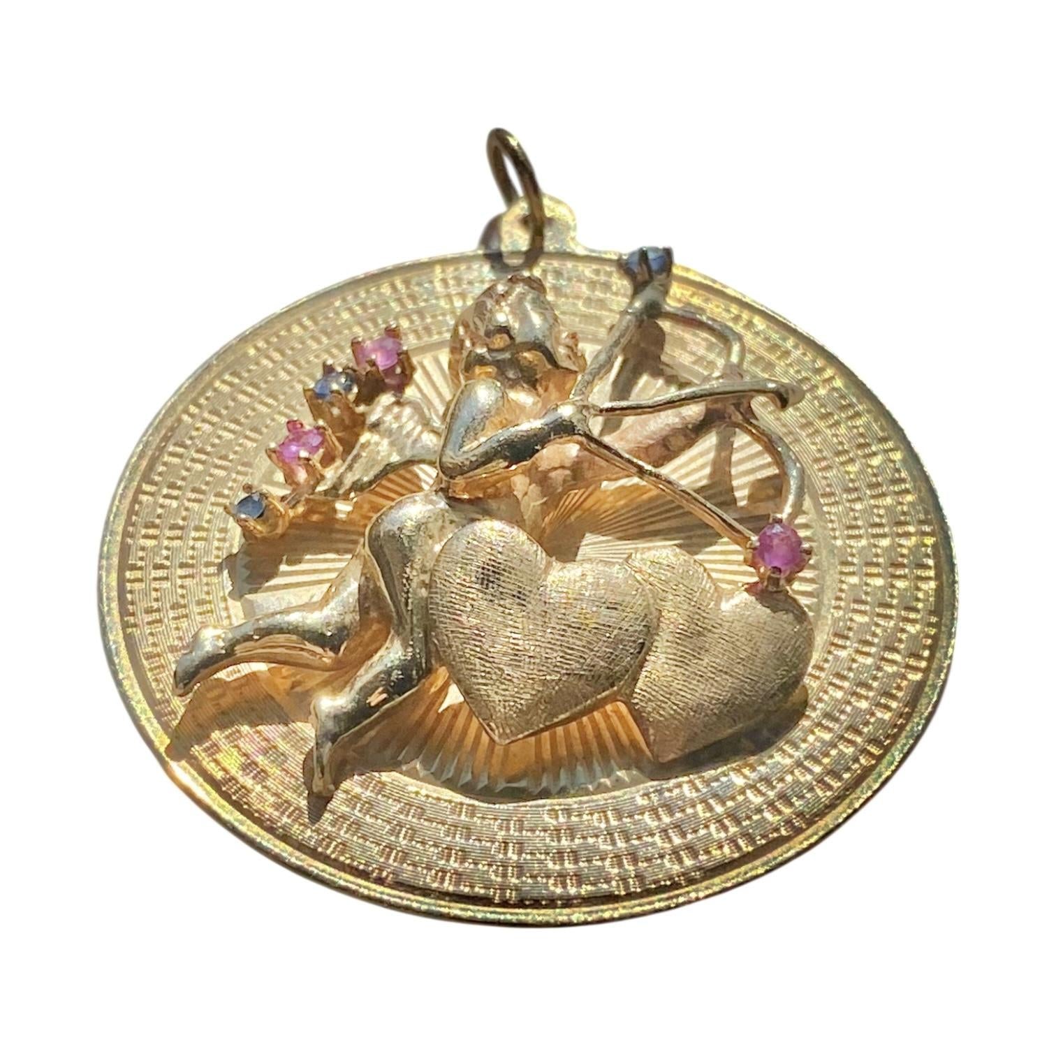 Vintage 10K Cupid and Hearts Large Disc Charm Pendant