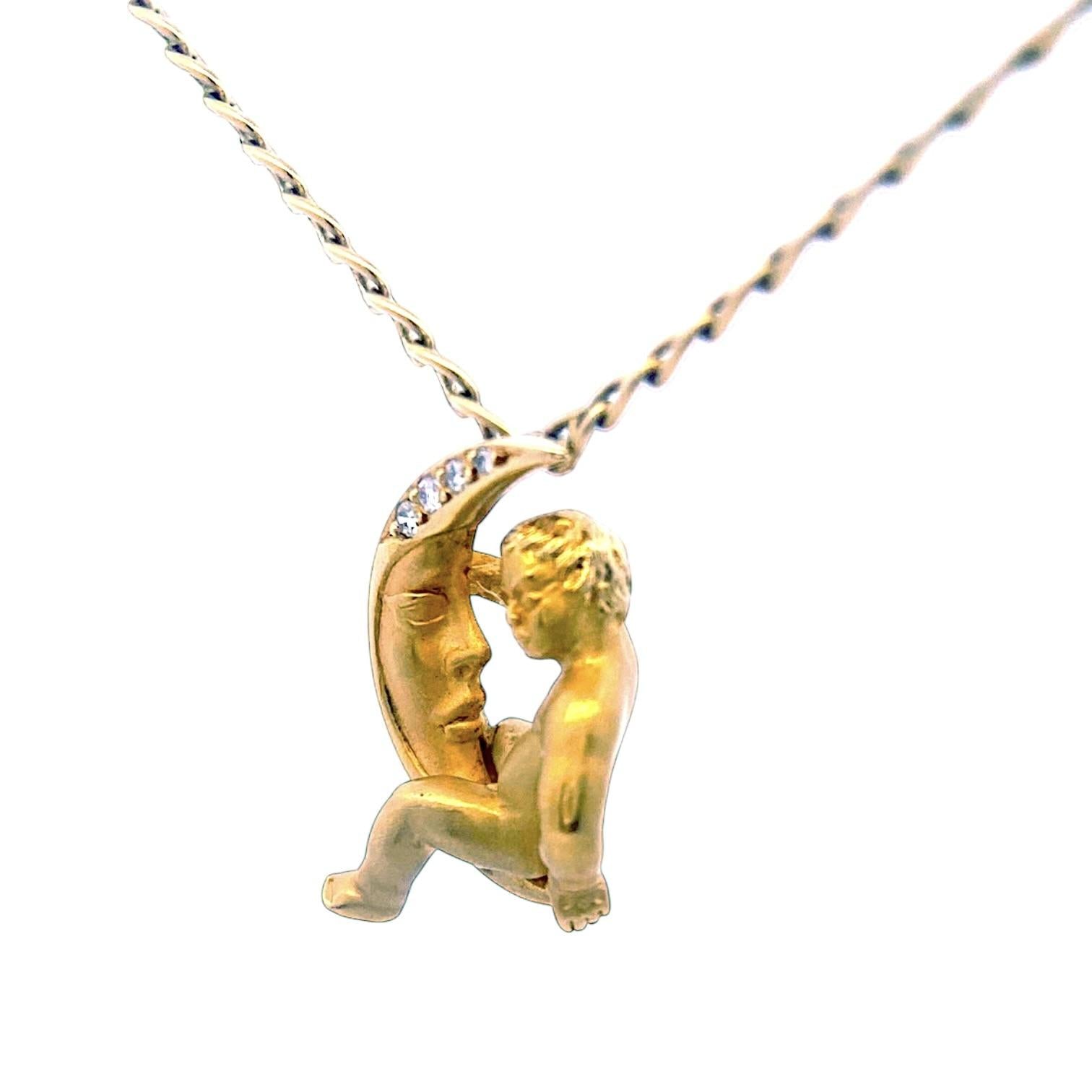 Carrera Y Carrera Diamond 18K Yellow Gold Moon Child Pendant Chain Necklace
