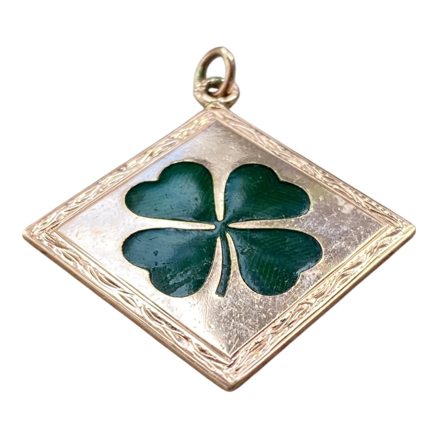 Antique 14K Rose Gold Enamel Four Leaf Clover Charm Pendant