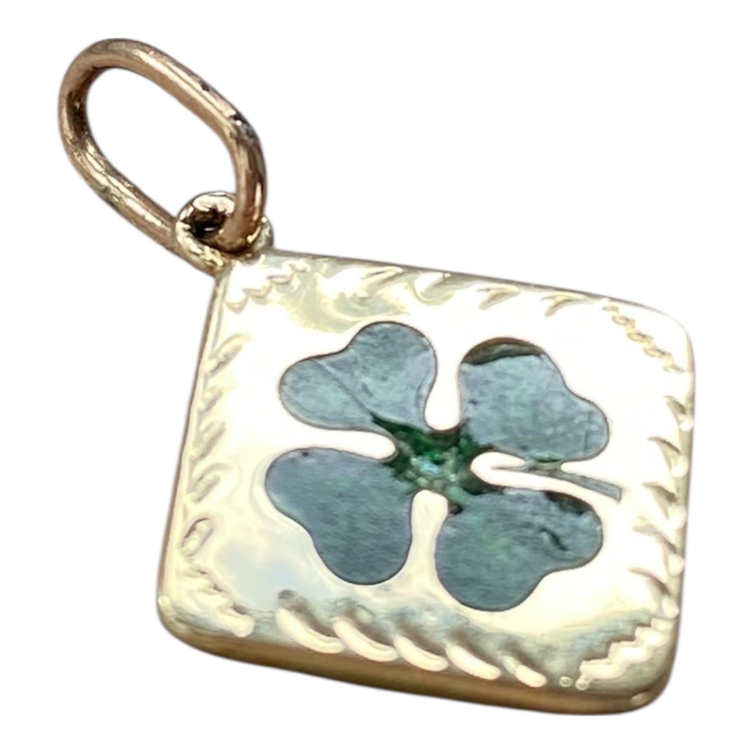 Antique 14K Yellow Gold Enamel Four Leaf Clover Charm Pendant