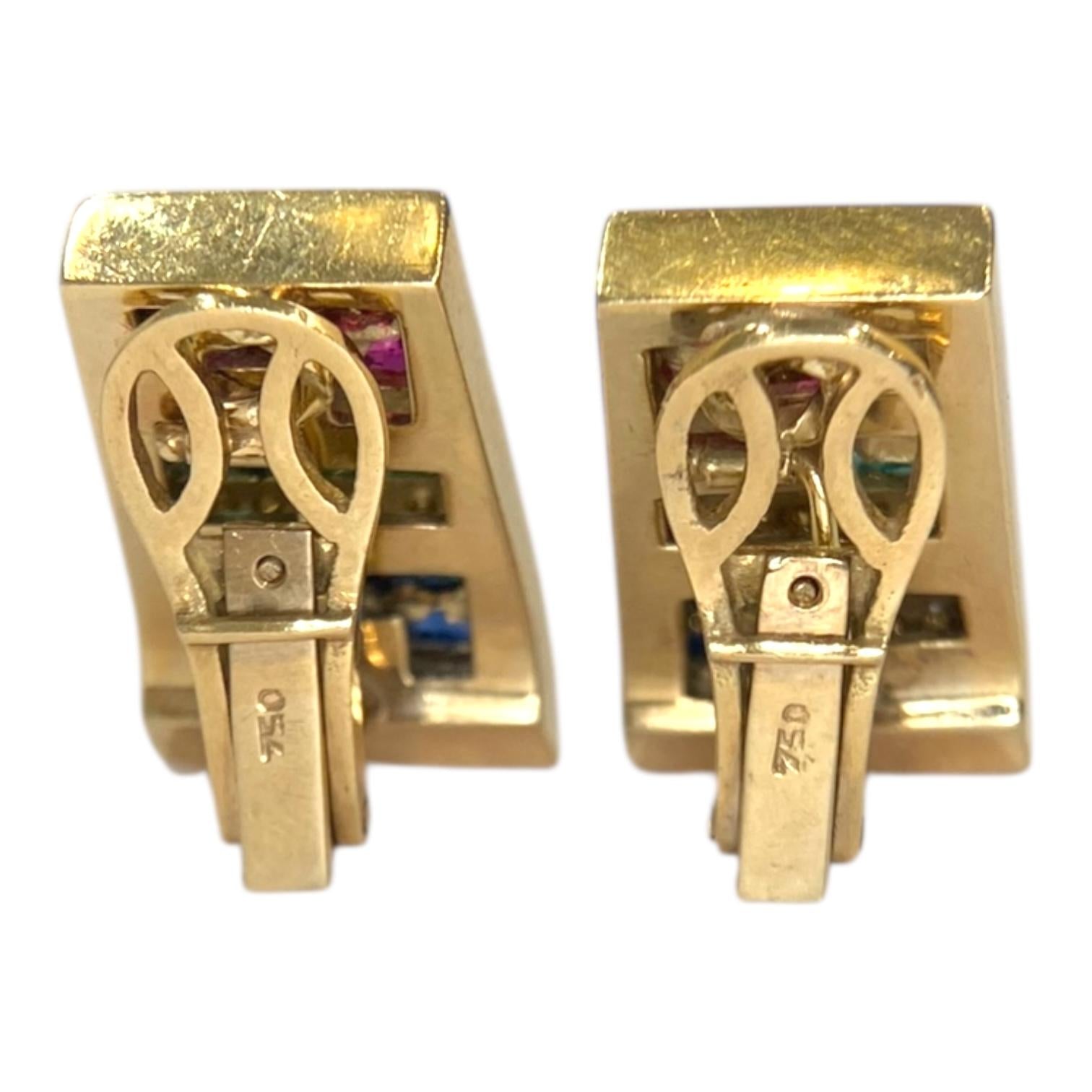 Vintage 18K Gold Emerald Ruby Sapphire Diamond Earrings