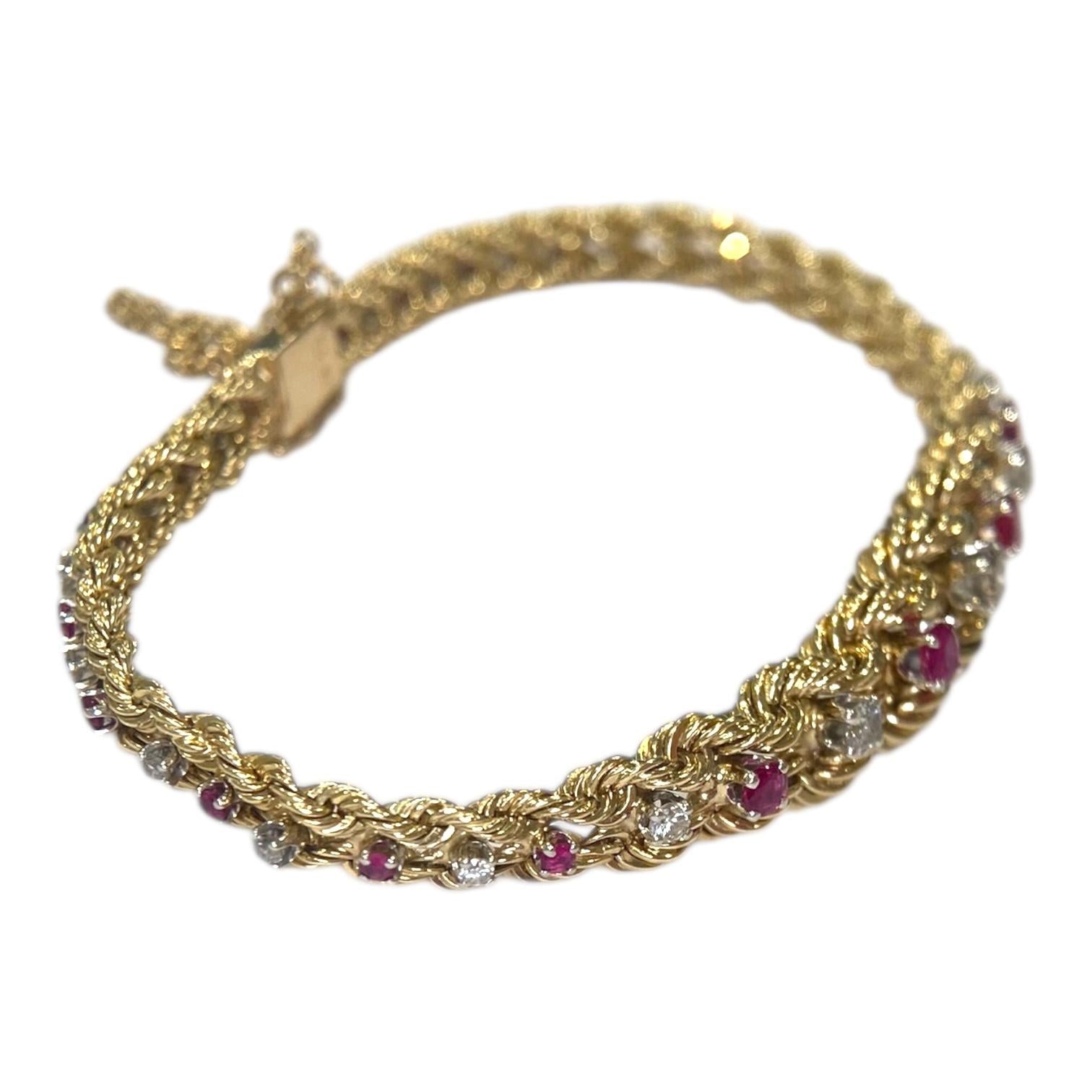 Vintage 14K Yellow Gold Ruby & Diamond Graduating Rope Bracelet