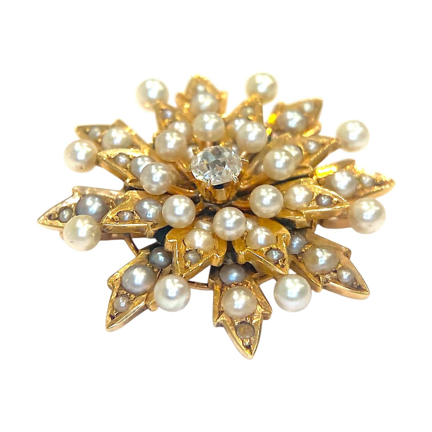 Antique 14K Gold Diamond and Pearl Starburst Brooch