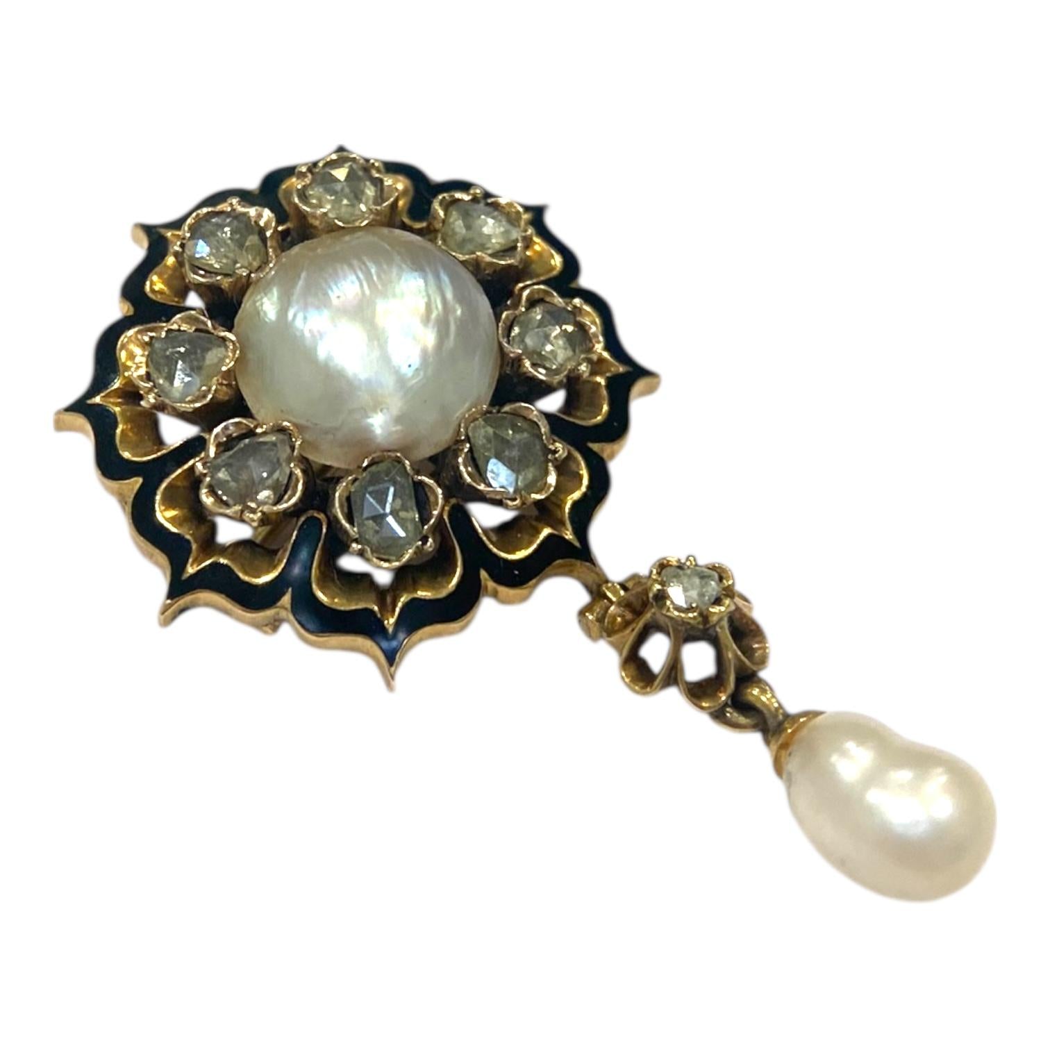 Antique 14K Pearl Diamond Enamel Brooch Pendant