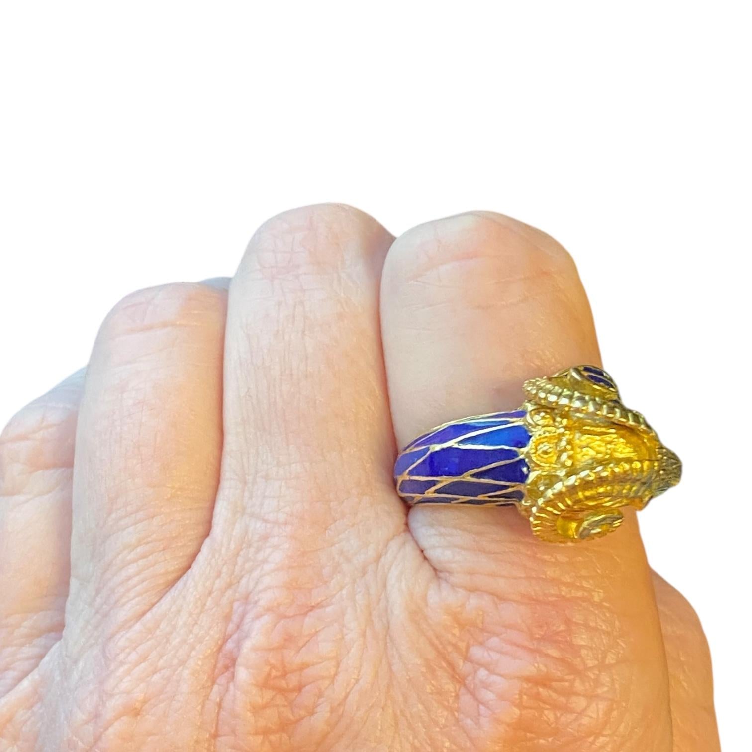 Vintage 18K Enamel and Ruby Ram Ring