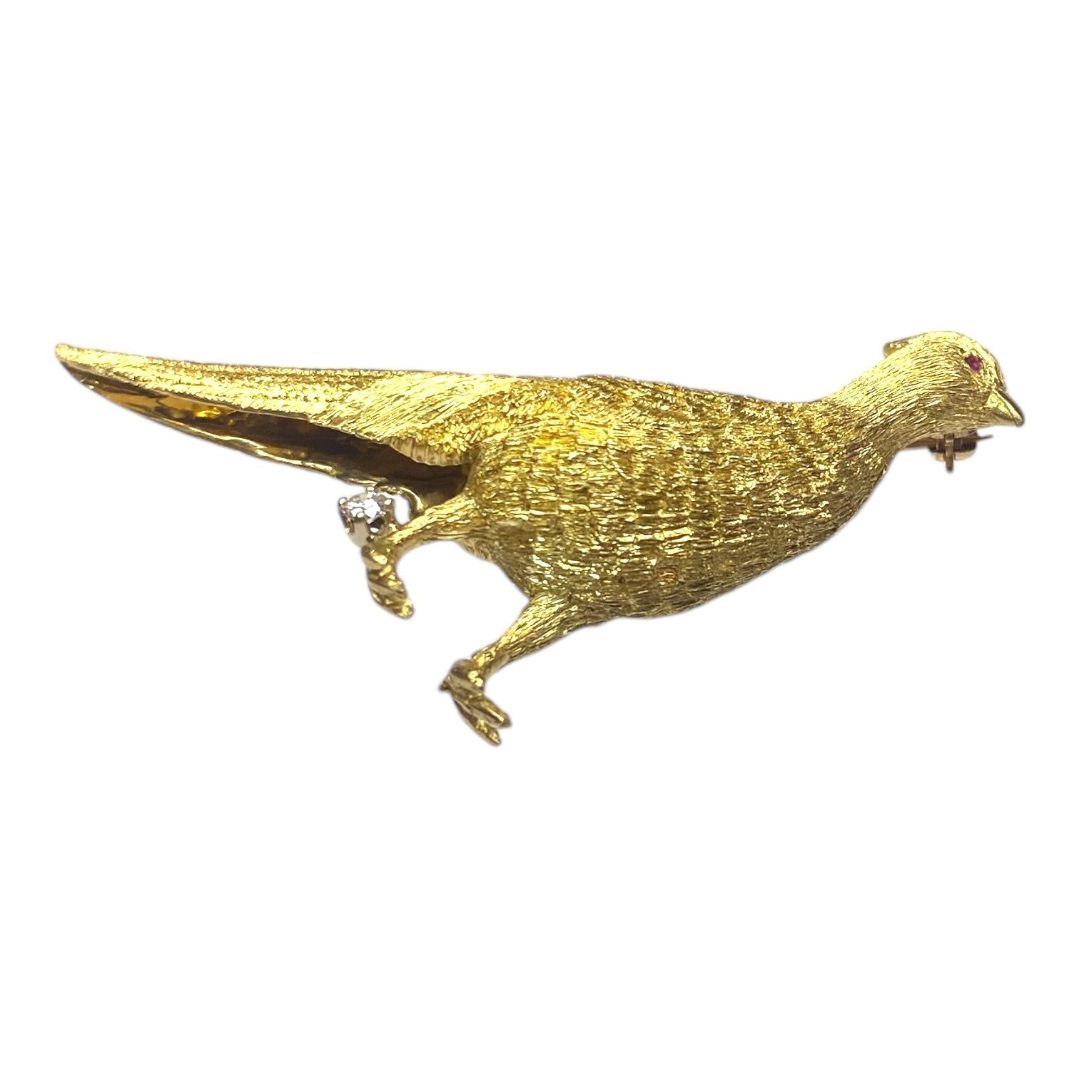 Vintage 18K Gold and Diamond Pheasant Brooch