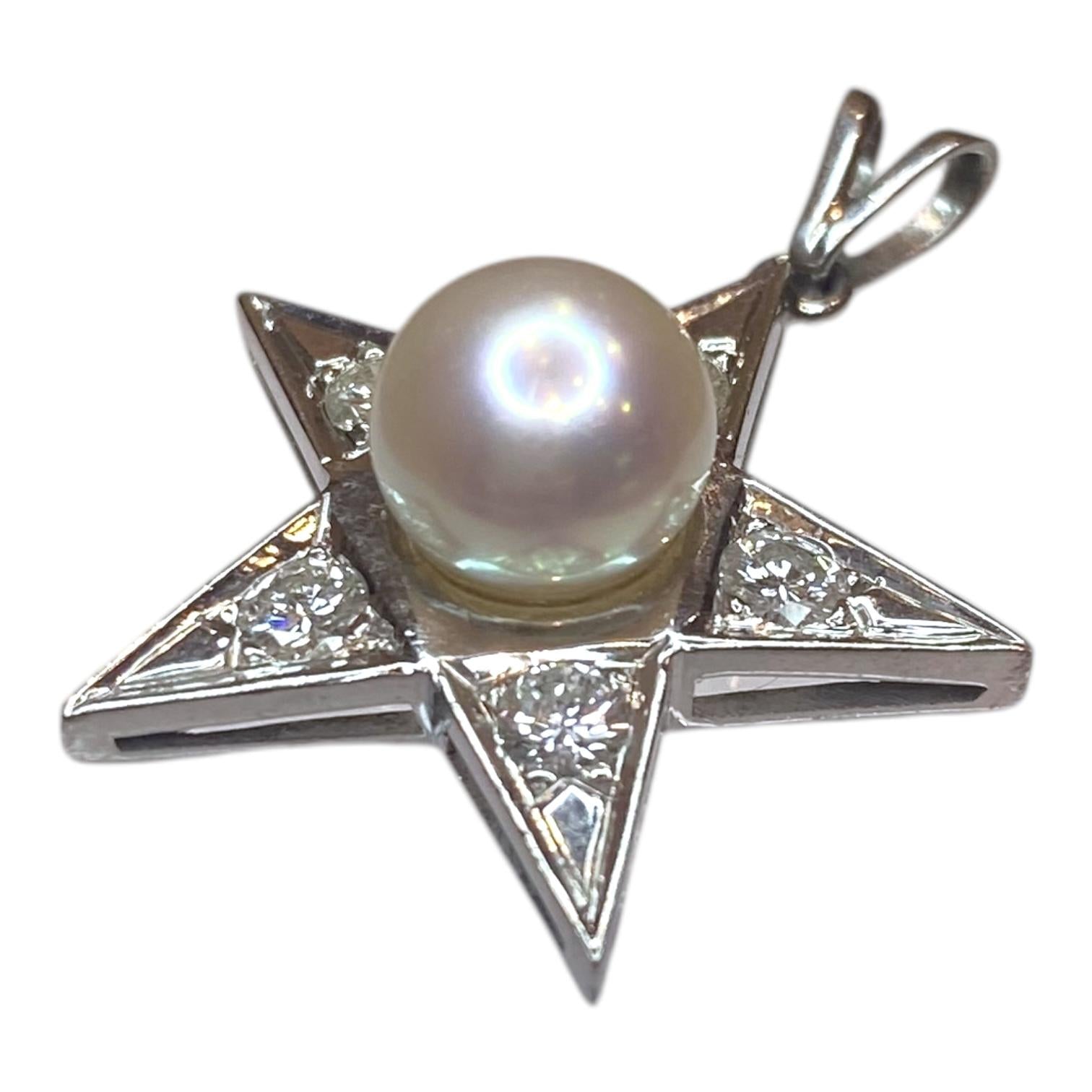 Vintage 18K White Gold Pearl & Diamond Star Pendant