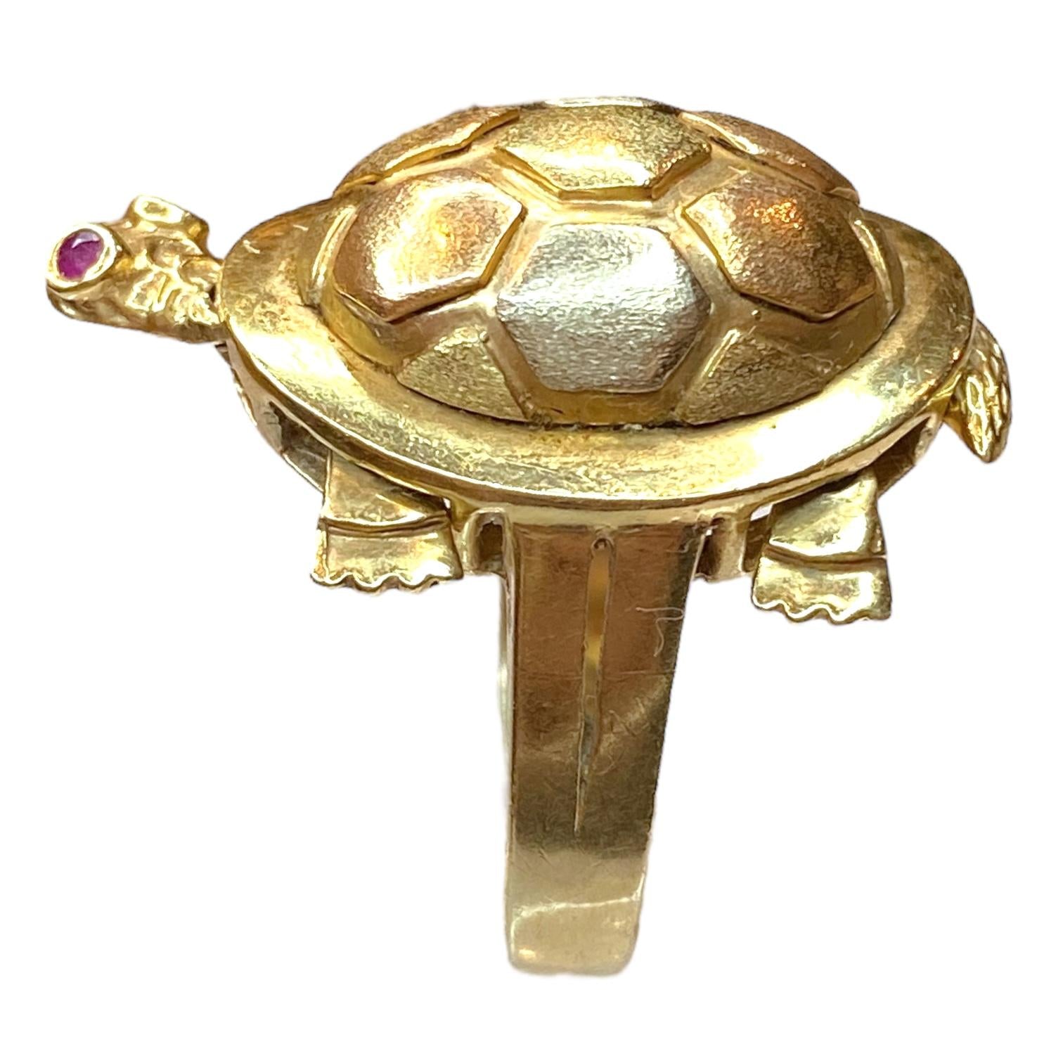 Large 14K Articulating Turtle Ring with Ruby Eyes