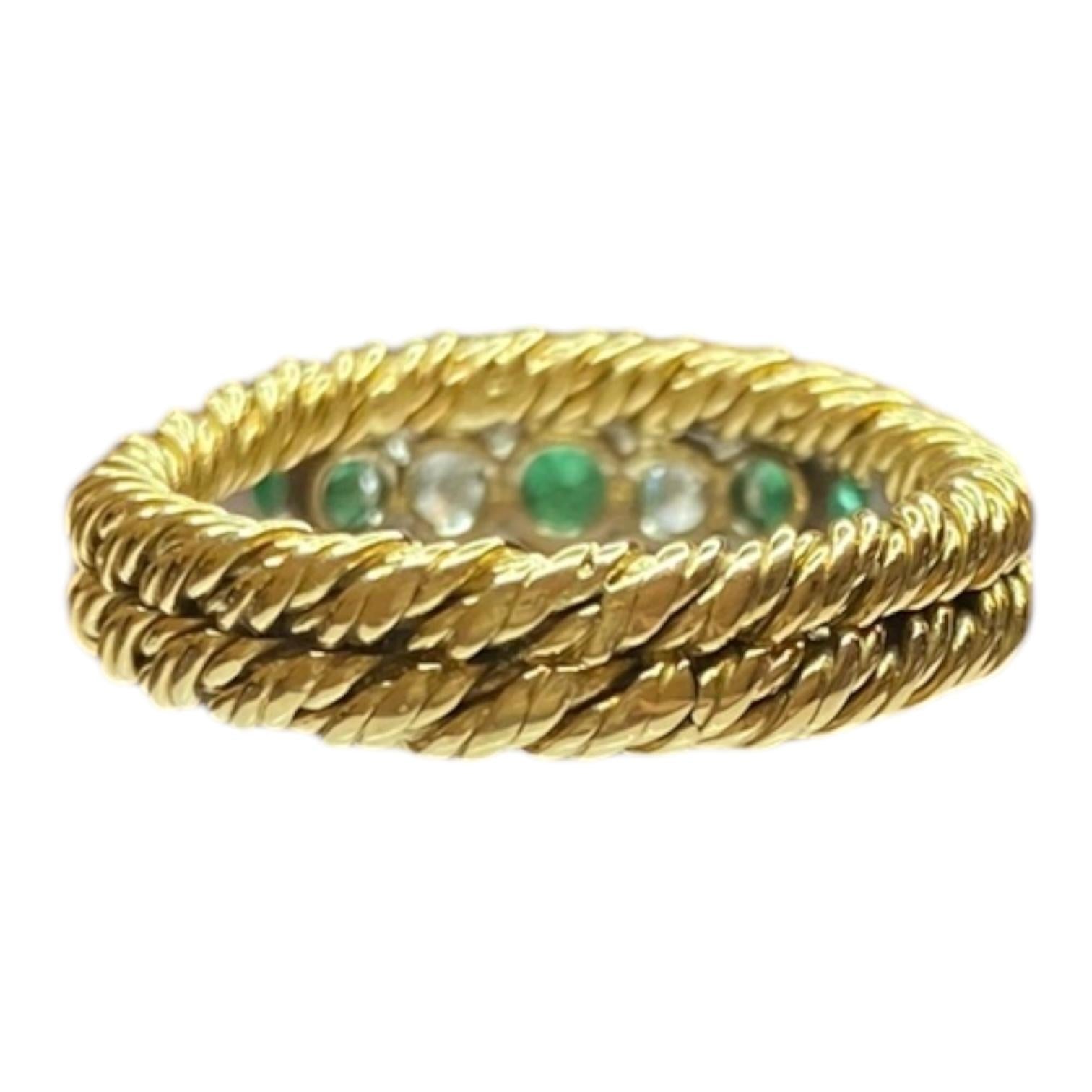 Vintage 18K Gold Emerald & Diamond Five Stone Band Ring