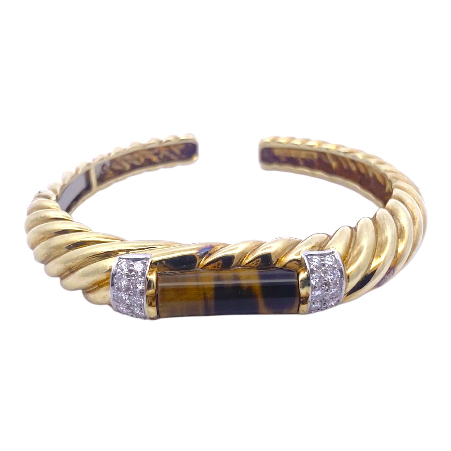 Vintage MJI 18K Tiger Eye Diamond Hinged Bangle Bracelet