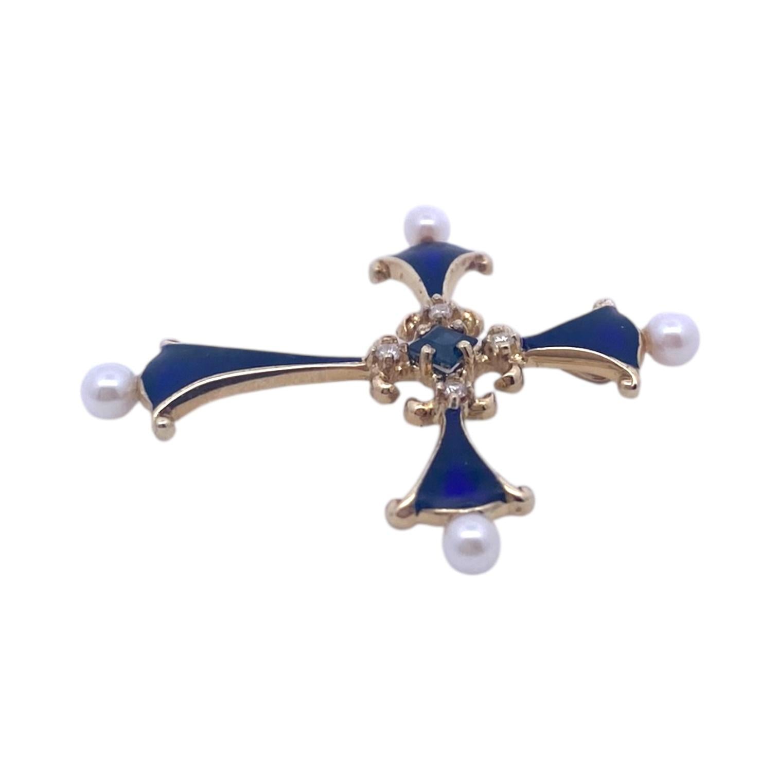 Vintage 14K Sapphire Diamond Pearl Enamel Cross Pendant