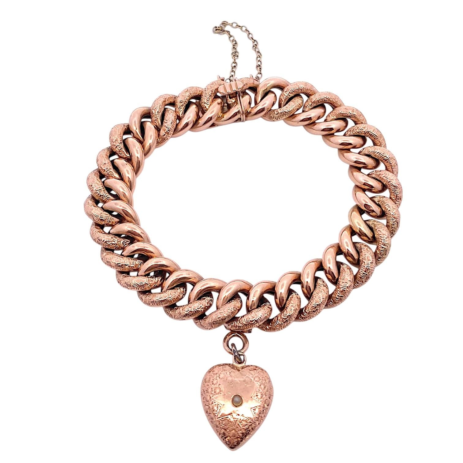 Antique 14K Rose Gold Curb-Link Heart Charm Bracelet