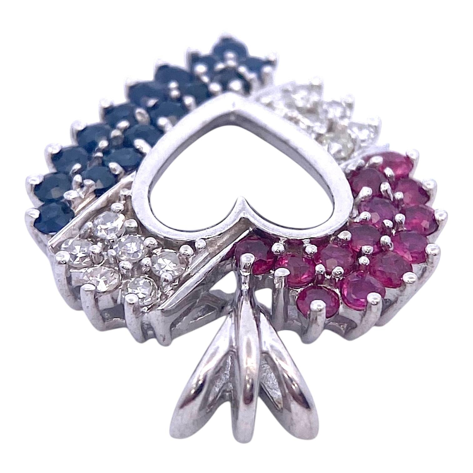 Vintage 14K White Gold Ruby Sapphire Diamond Heart Pendant