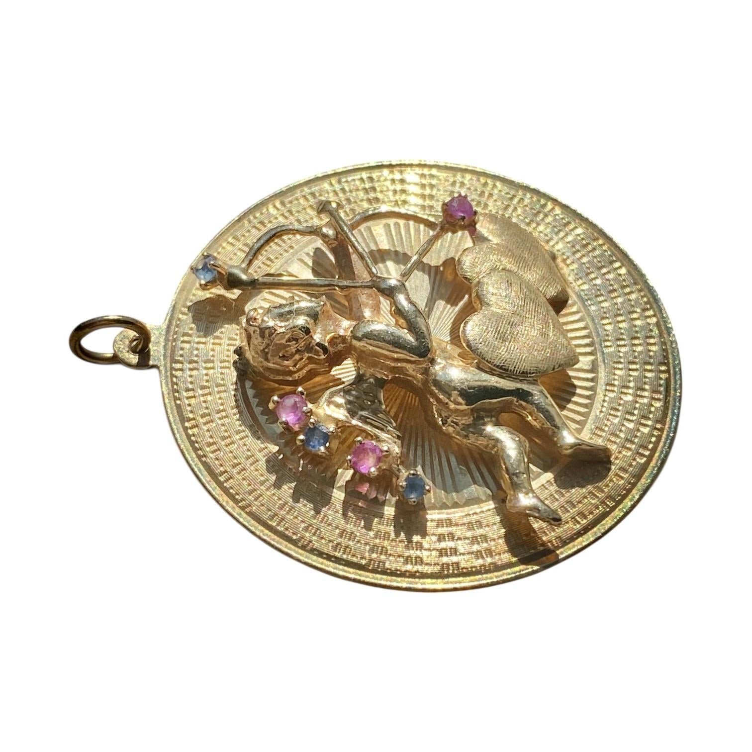 Vintage 10K Cupid and Hearts Large Disc Charm Pendant