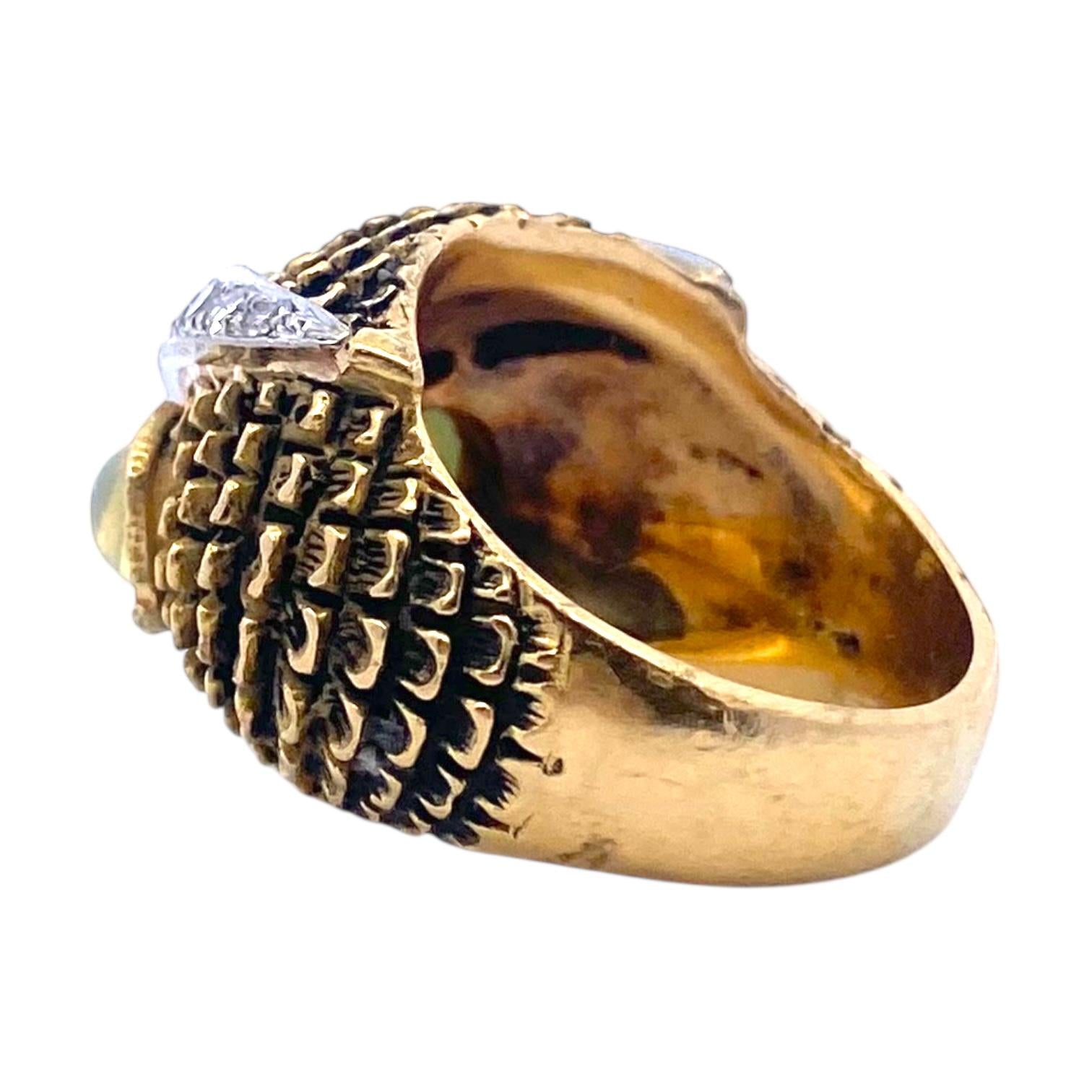 Vintage 18K Gold Diamond Owl Ring with Chrysoberyl Eyes