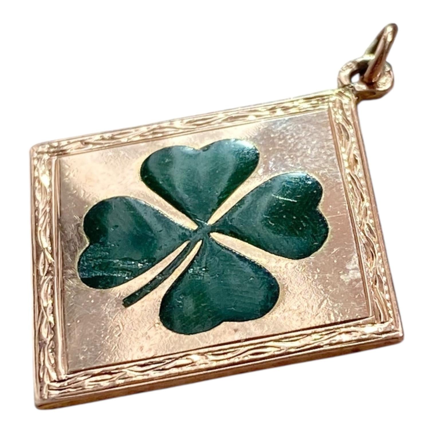 Antique 14K Rose Gold Enamel Four Leaf Clover Charm Pendant