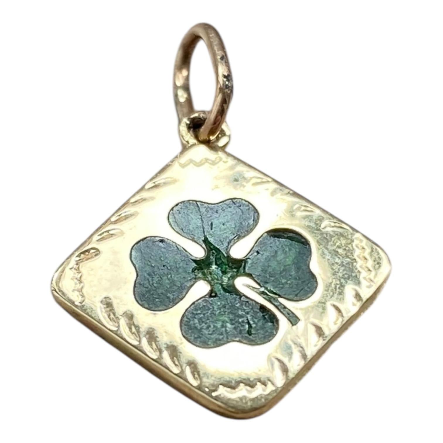 Antique 14K Yellow Gold Enamel Four Leaf Clover Charm Pendant