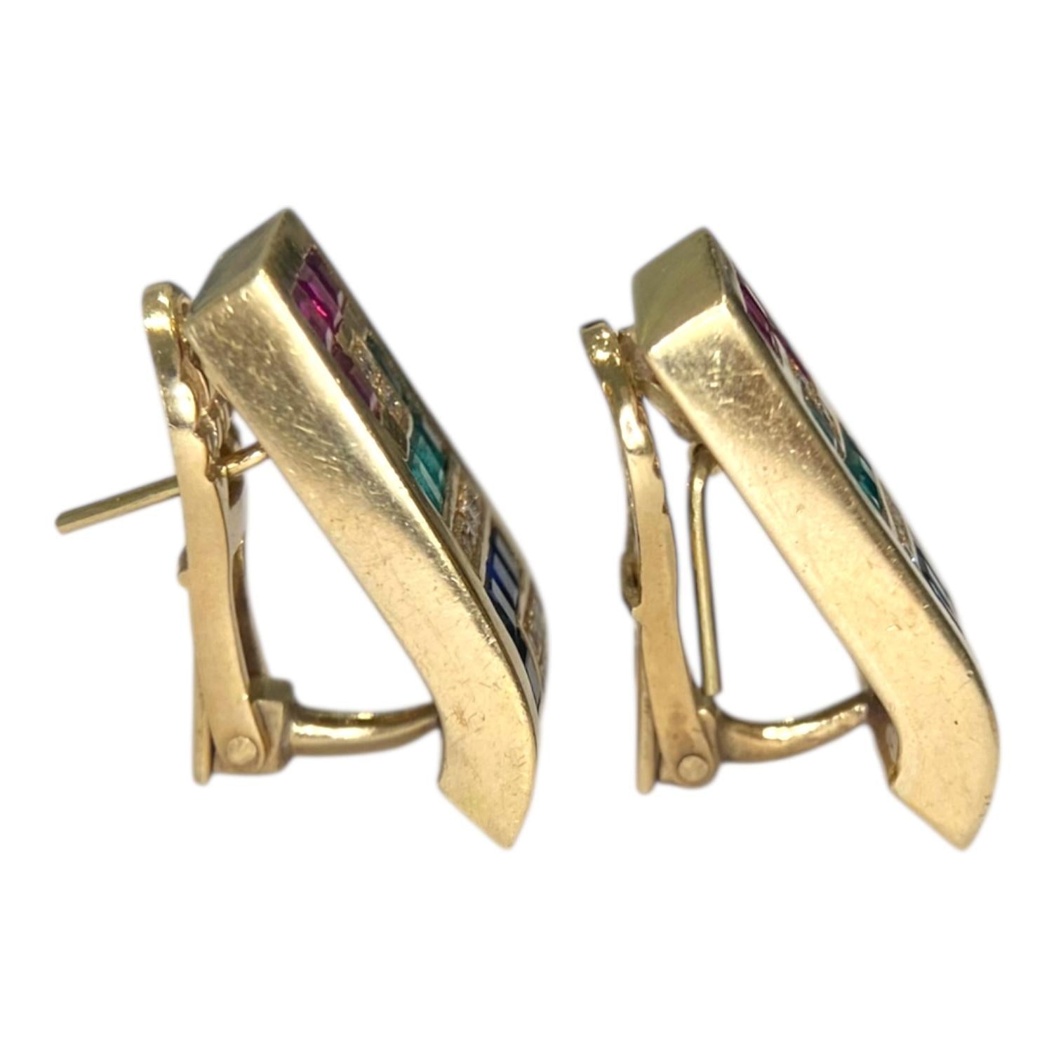 Vintage 18K Gold Emerald Ruby Sapphire Diamond Earrings