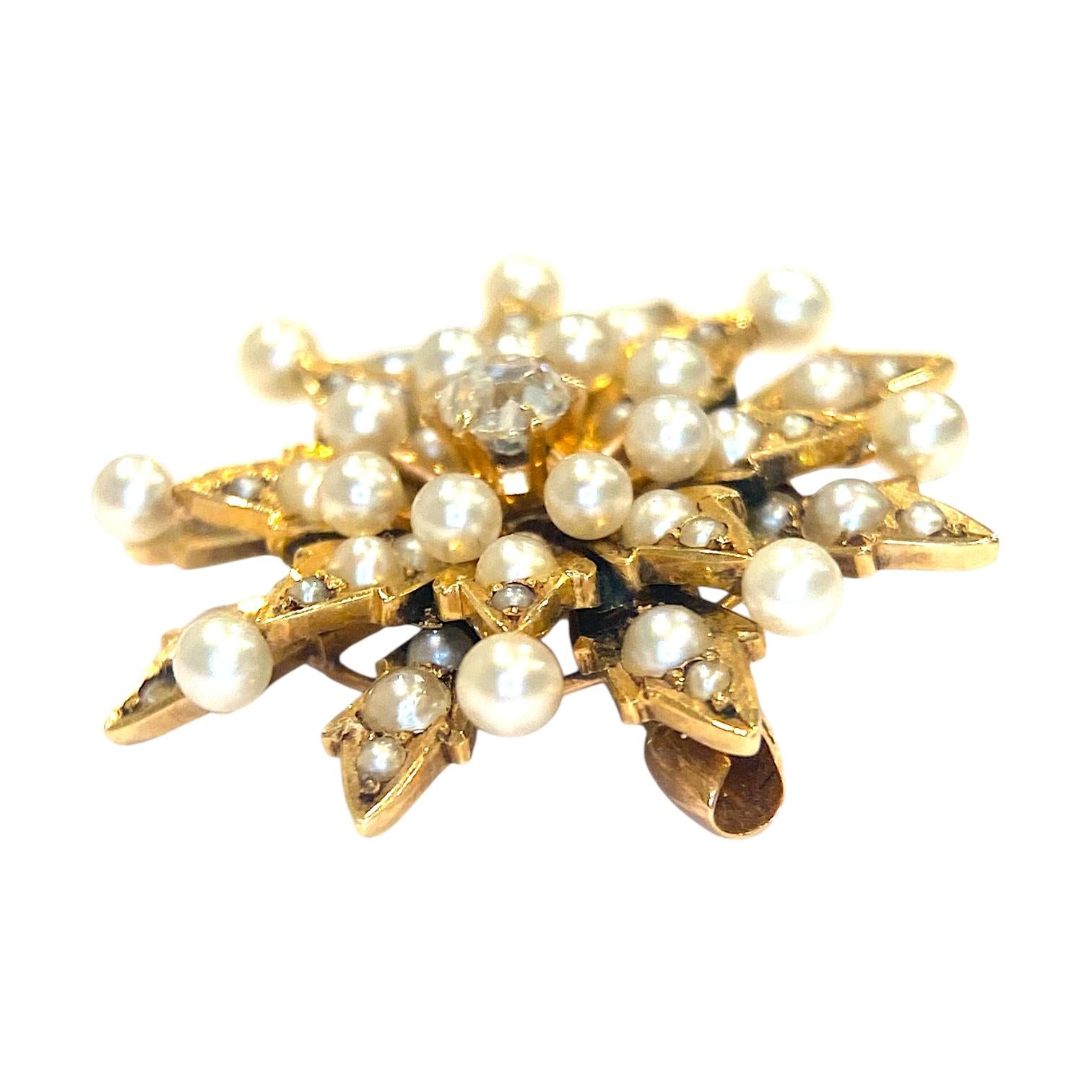 Antique 14K Gold Diamond and Pearl Starburst Brooch
