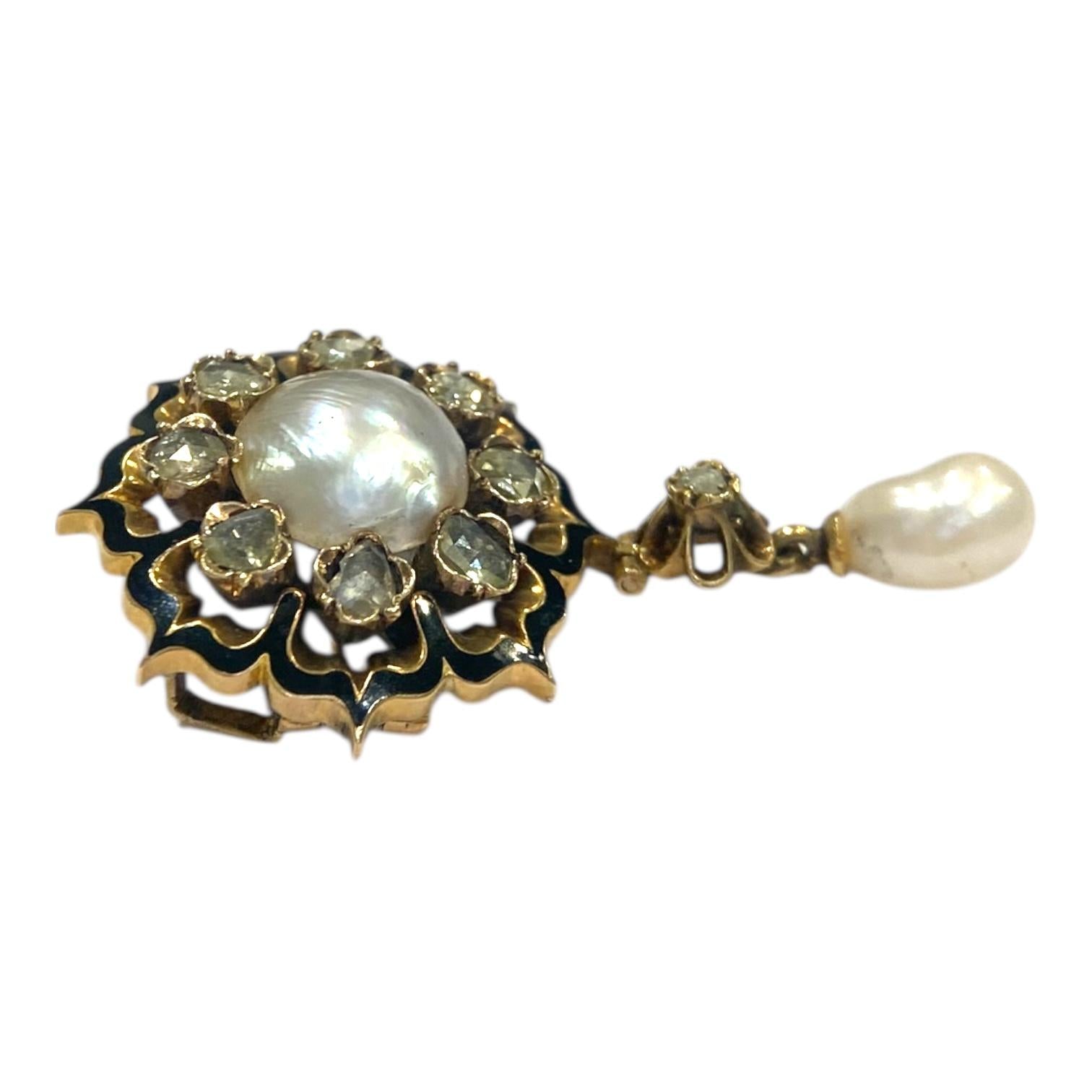 Antique 14K Pearl Diamond Enamel Brooch Pendant