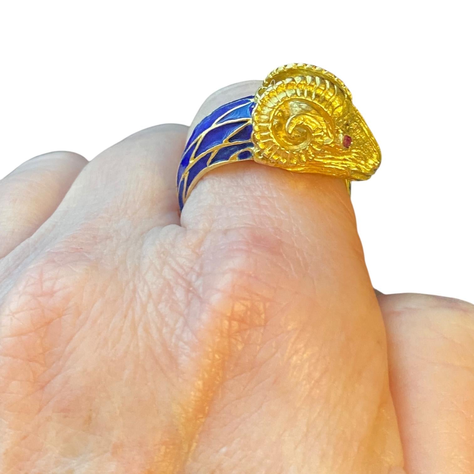 Vintage 18K Enamel and Ruby Ram Ring