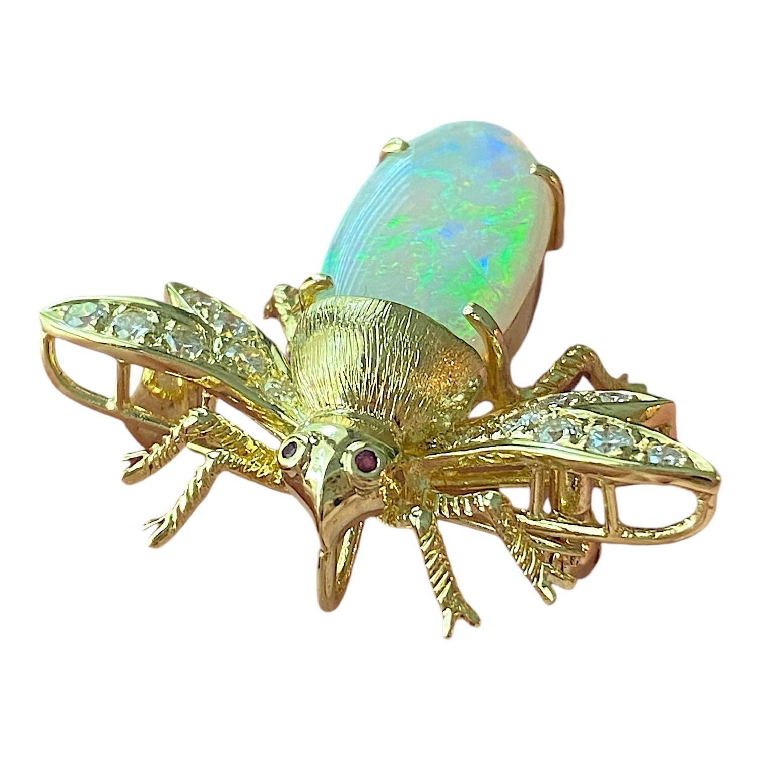 Vintage 18K Opal and Diamond Bug Fly Pendant Brooch