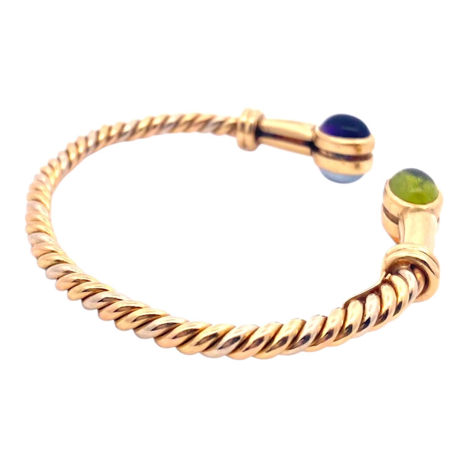 Vintage 18K Gold Multi Gemstone Twisted Bangle Bracelet