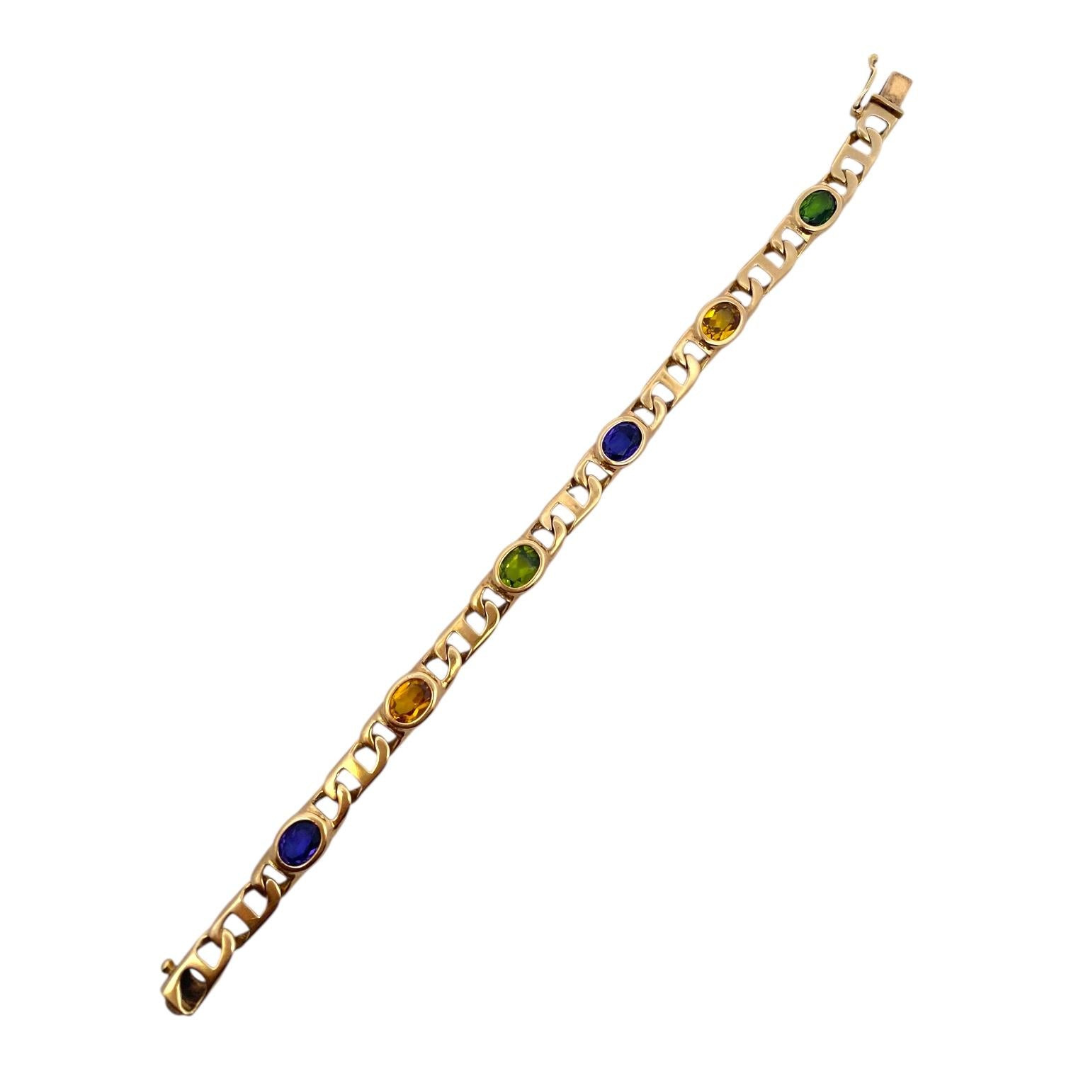 Vintage 14K Gold Multi Gemstone Flat Mariner Links Bracelet
