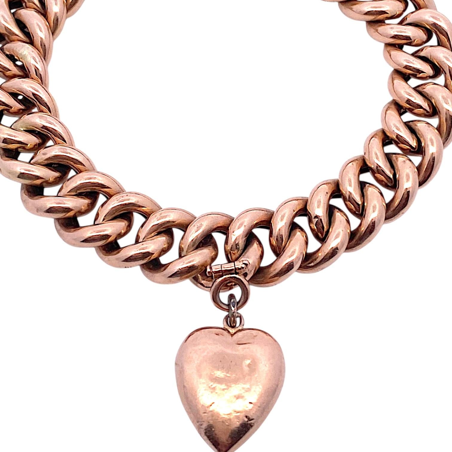 Antique 14K Rose Gold Curb-Link Heart Charm Bracelet