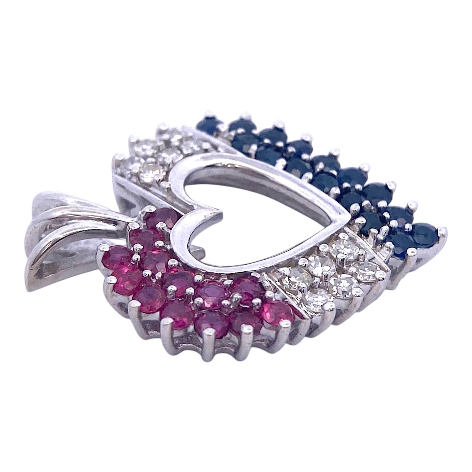 Vintage 14K White Gold Ruby Sapphire Diamond Heart Pendant