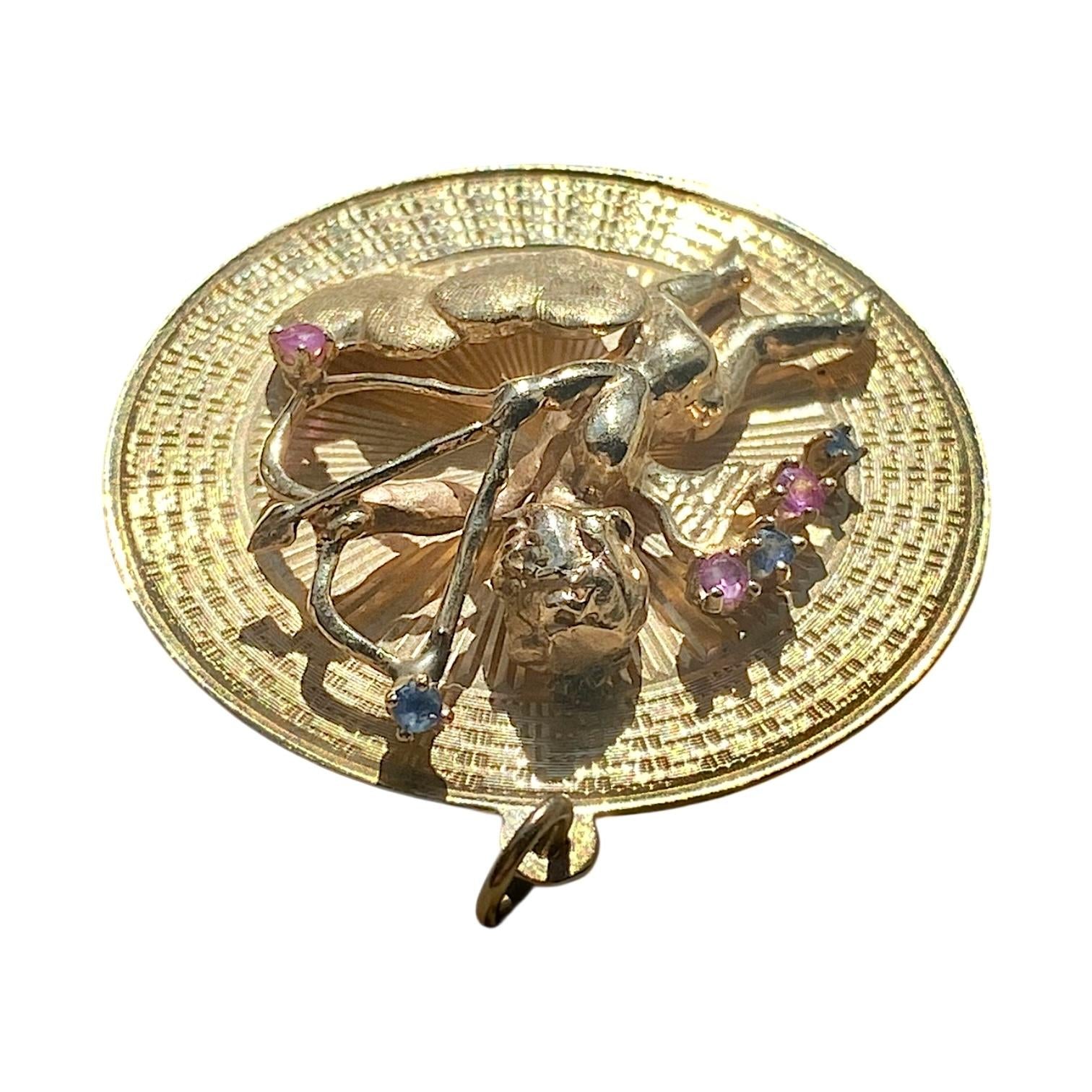 Vintage 10K Cupid and Hearts Large Disc Charm Pendant